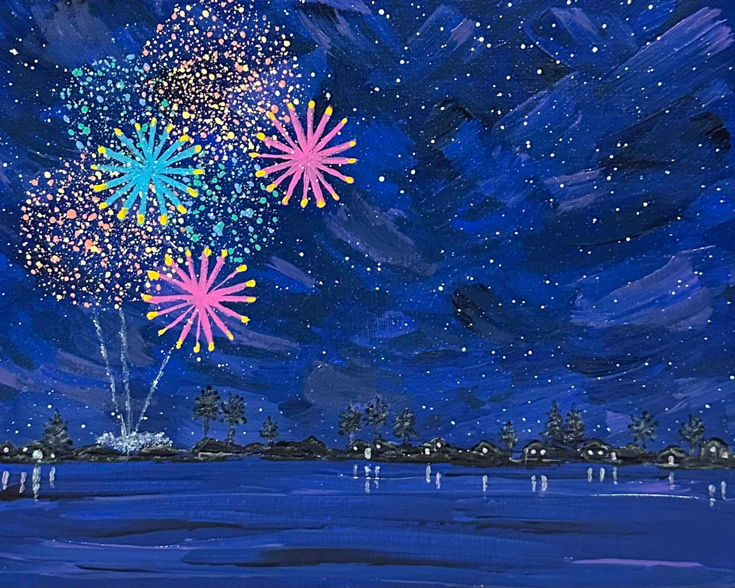 Celebrate 4 - Fireworks Landscape Painting by Deb Bossert Artworks - 8" x 10"