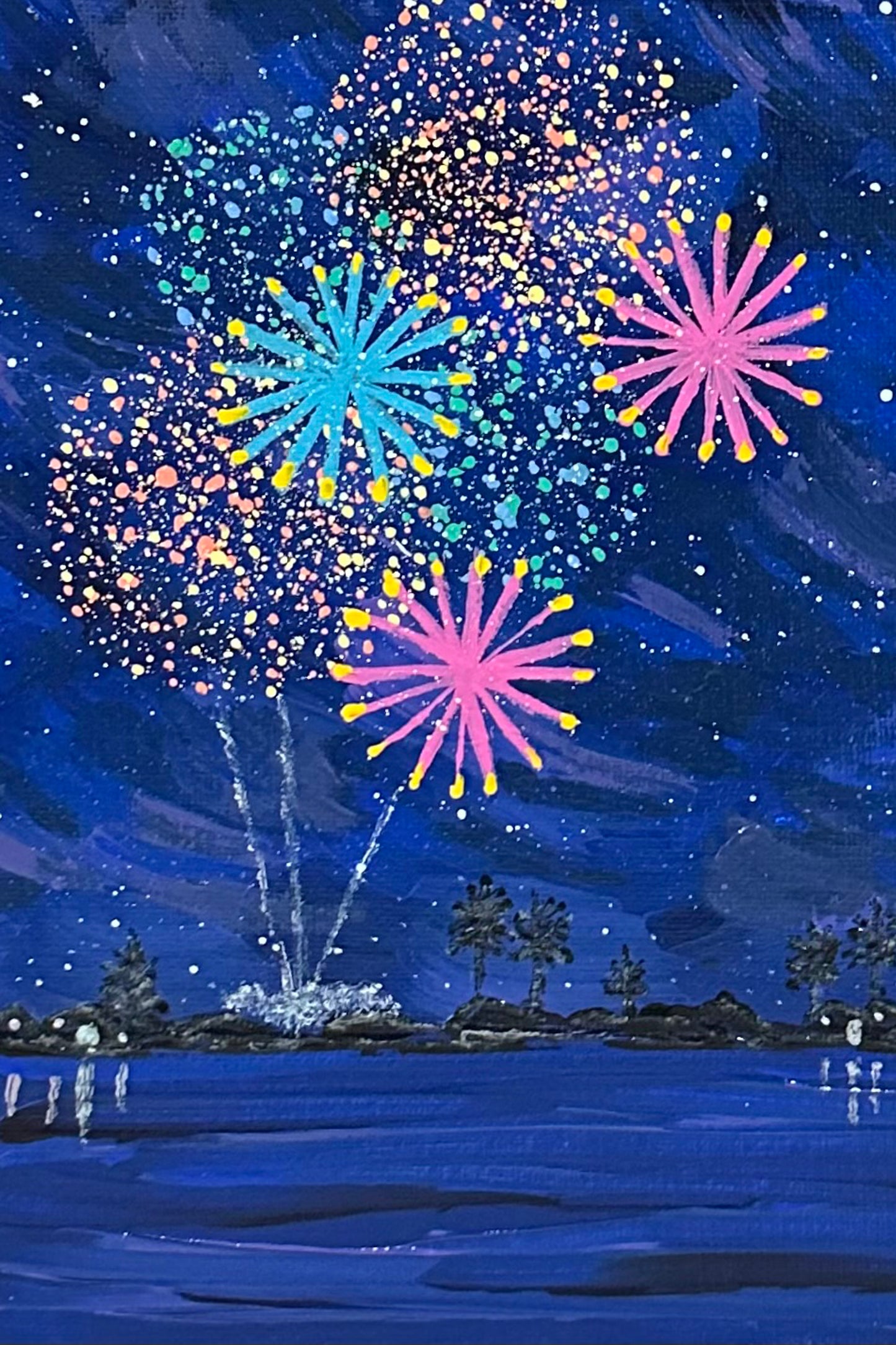 Celebrate 4 - Fireworks Landscape Painting by Deb Bossert Artworks - 8" x 10"
