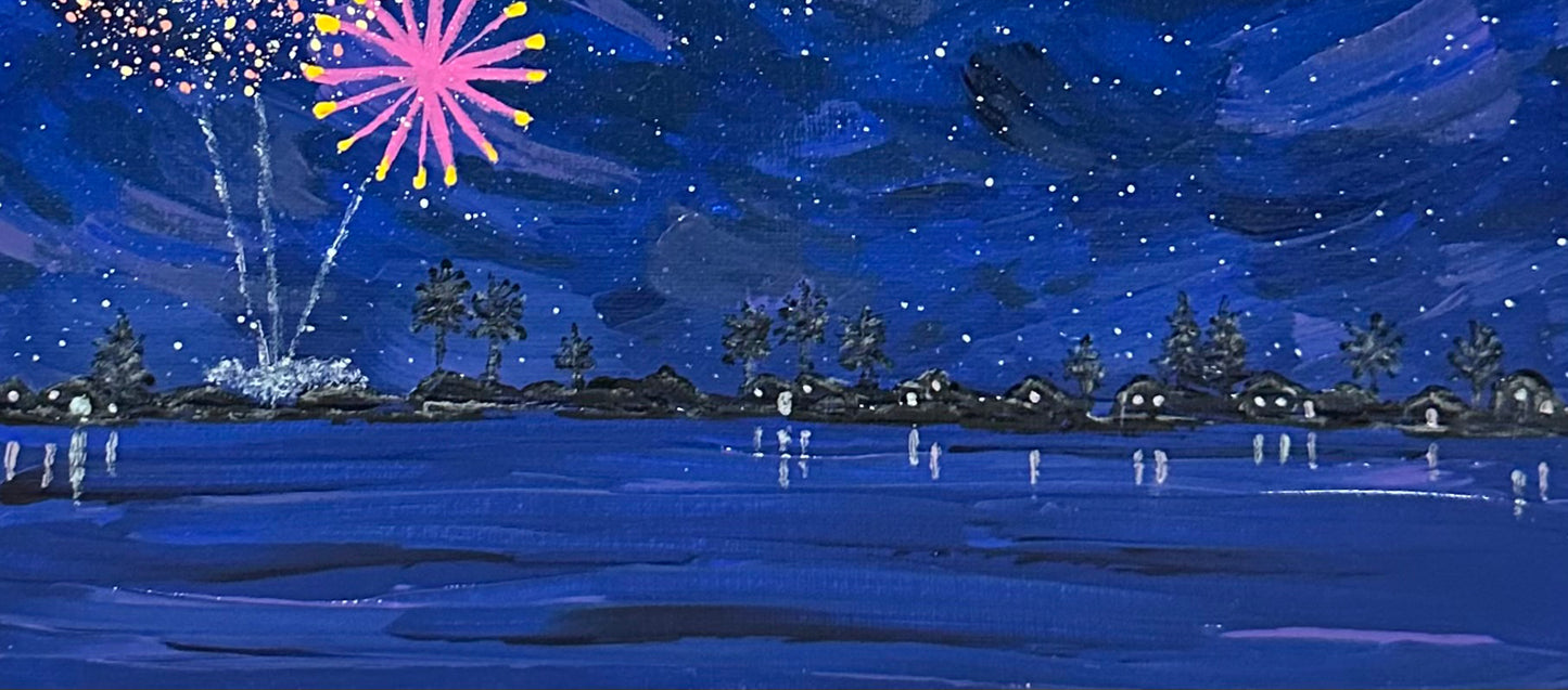 Celebrate 4 - Fireworks Landscape Painting by Deb Bossert Artworks - 8" x 10"