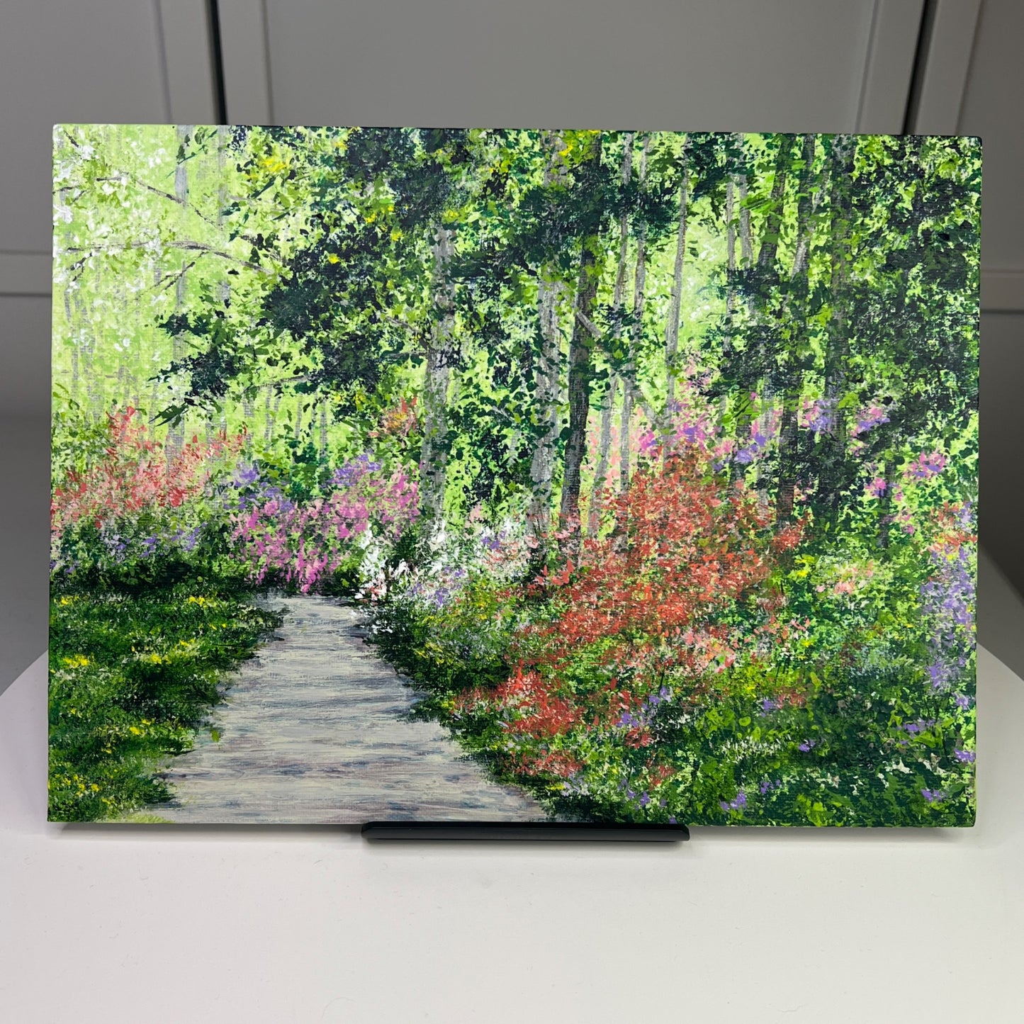 First Blooms Of Spring Acrylic Painting Woodland Path Scene, 9" X 12", Unframed