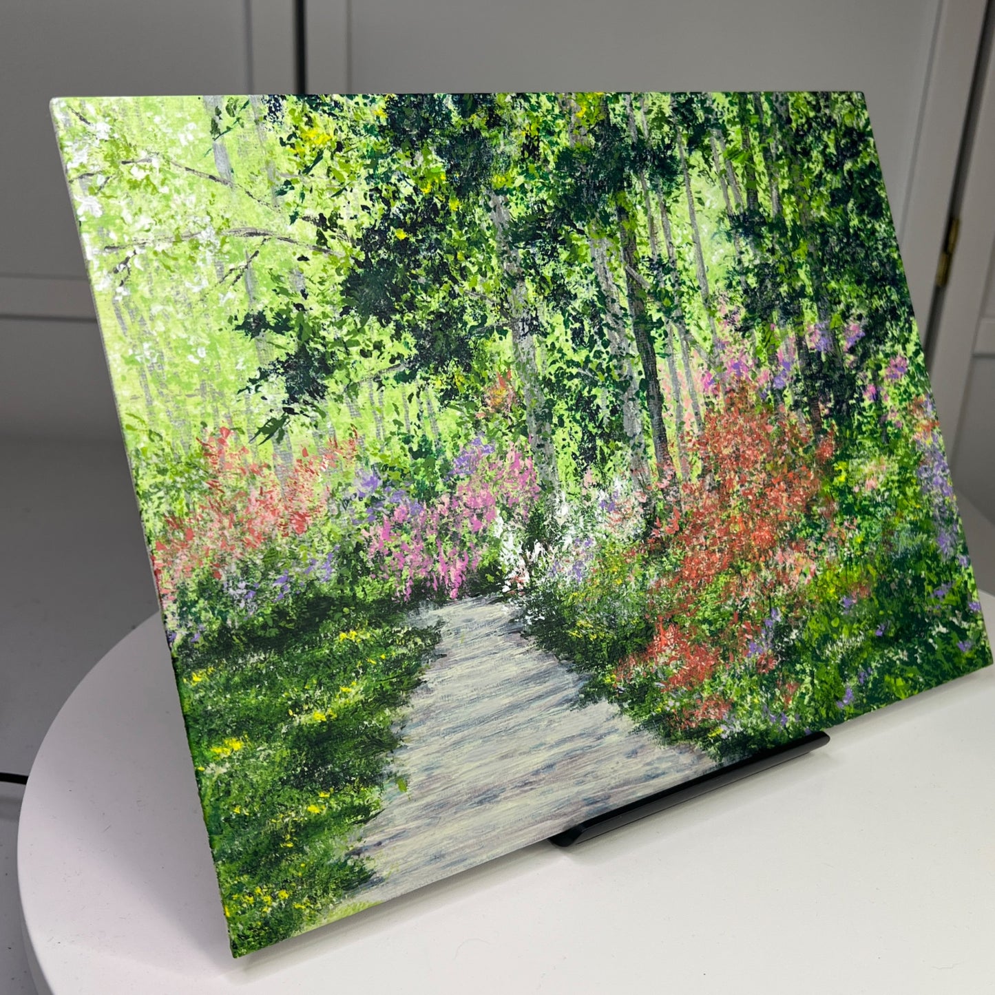 First Blooms Of Spring Acrylic Painting Woodland Path Scene, 9" X 12", Unframed