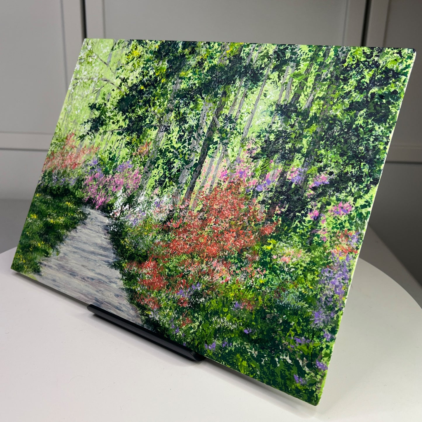 First Blooms Of Spring Acrylic Painting Woodland Path Scene, 9" X 12", Unframed