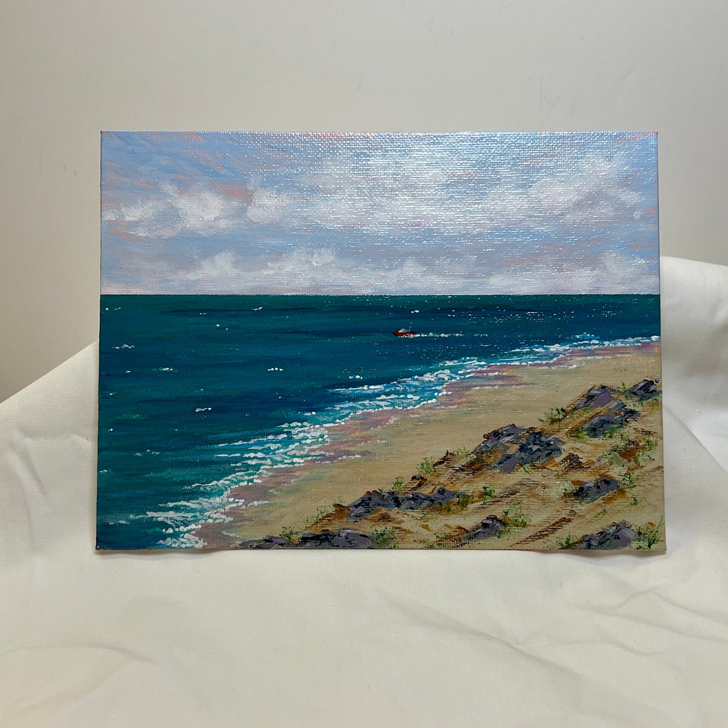 Boat Day Seaside Painting in Size 6" x 8" Landscape Acrylic on Canvas Panel