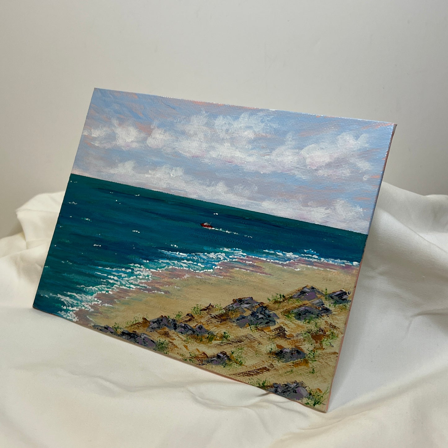 Boat Day Seaside Painting in Size 6" x 8" Landscape Acrylic on Canvas Panel