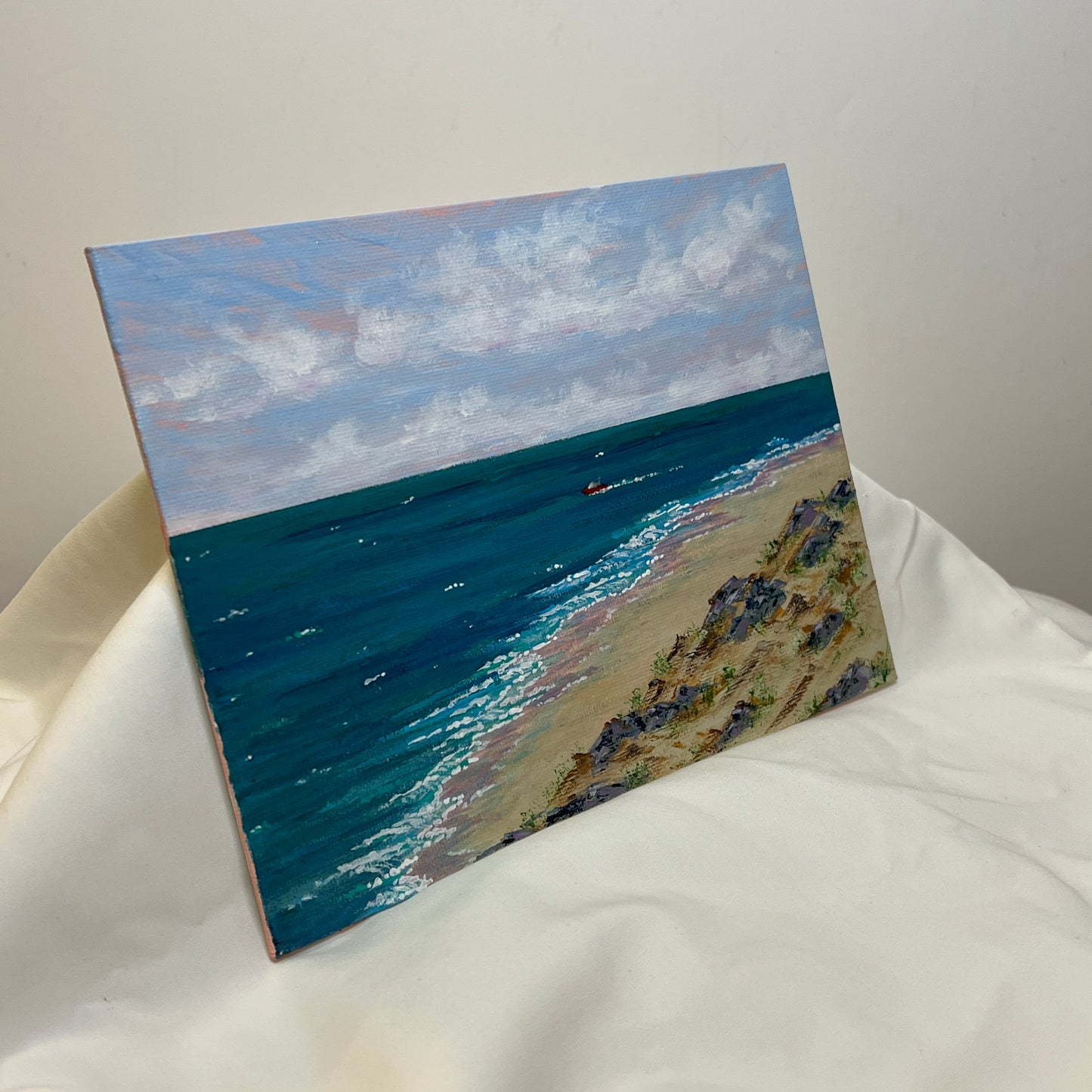 Boat Day Seaside Painting in Size 6" x 8" Landscape Acrylic on Canvas Panel