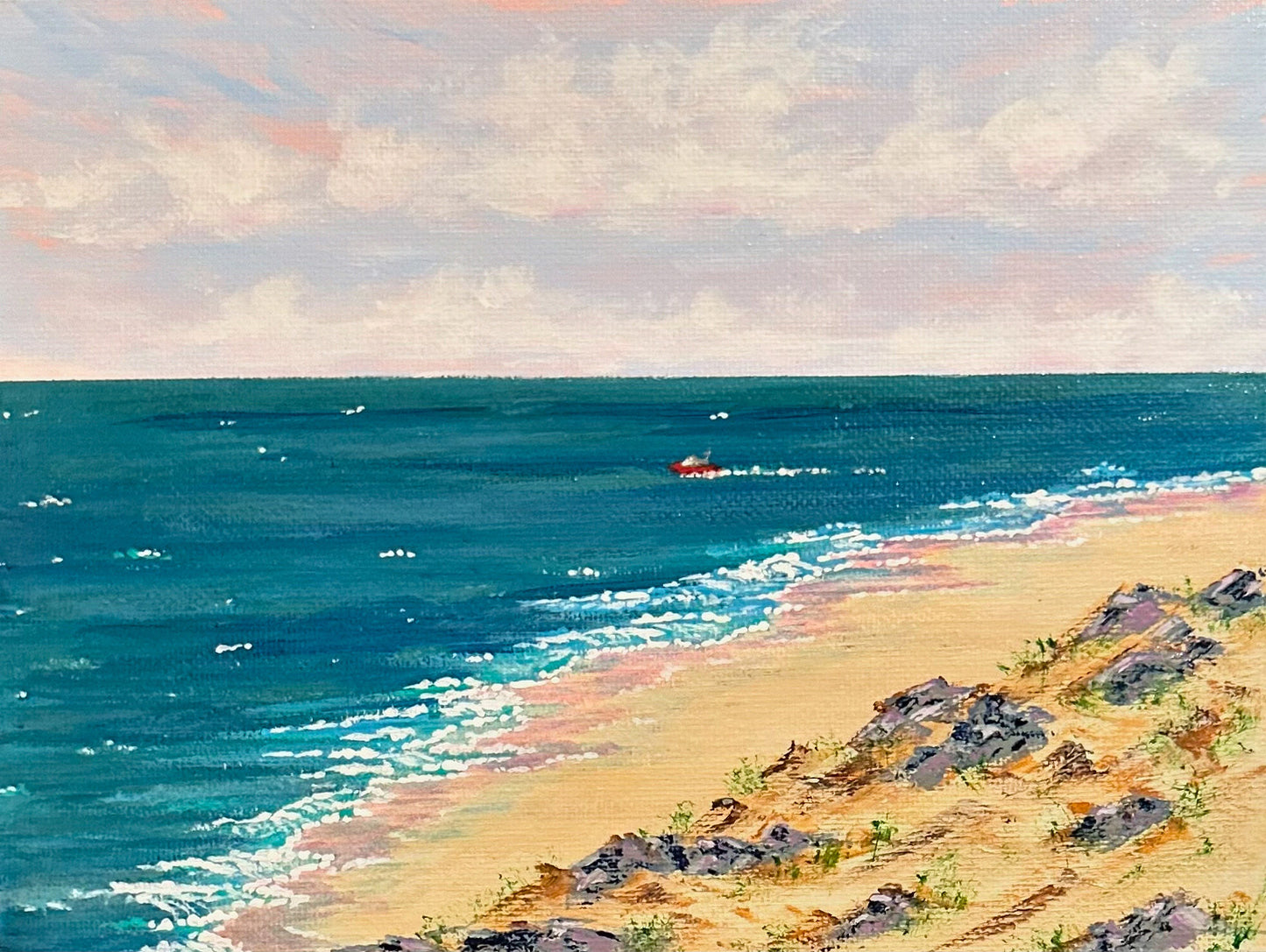 Boat Day Seaside Painting in Size 6" x 8" Landscape Acrylic on Canvas Panel