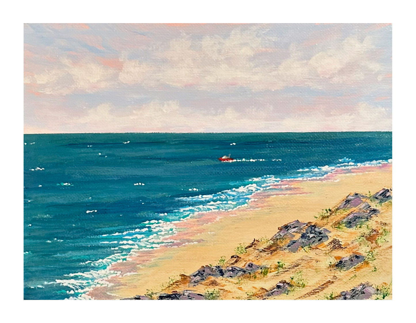 Boat Day Seaside Painting in Size 6" x 8" Landscape Acrylic on Canvas Panel