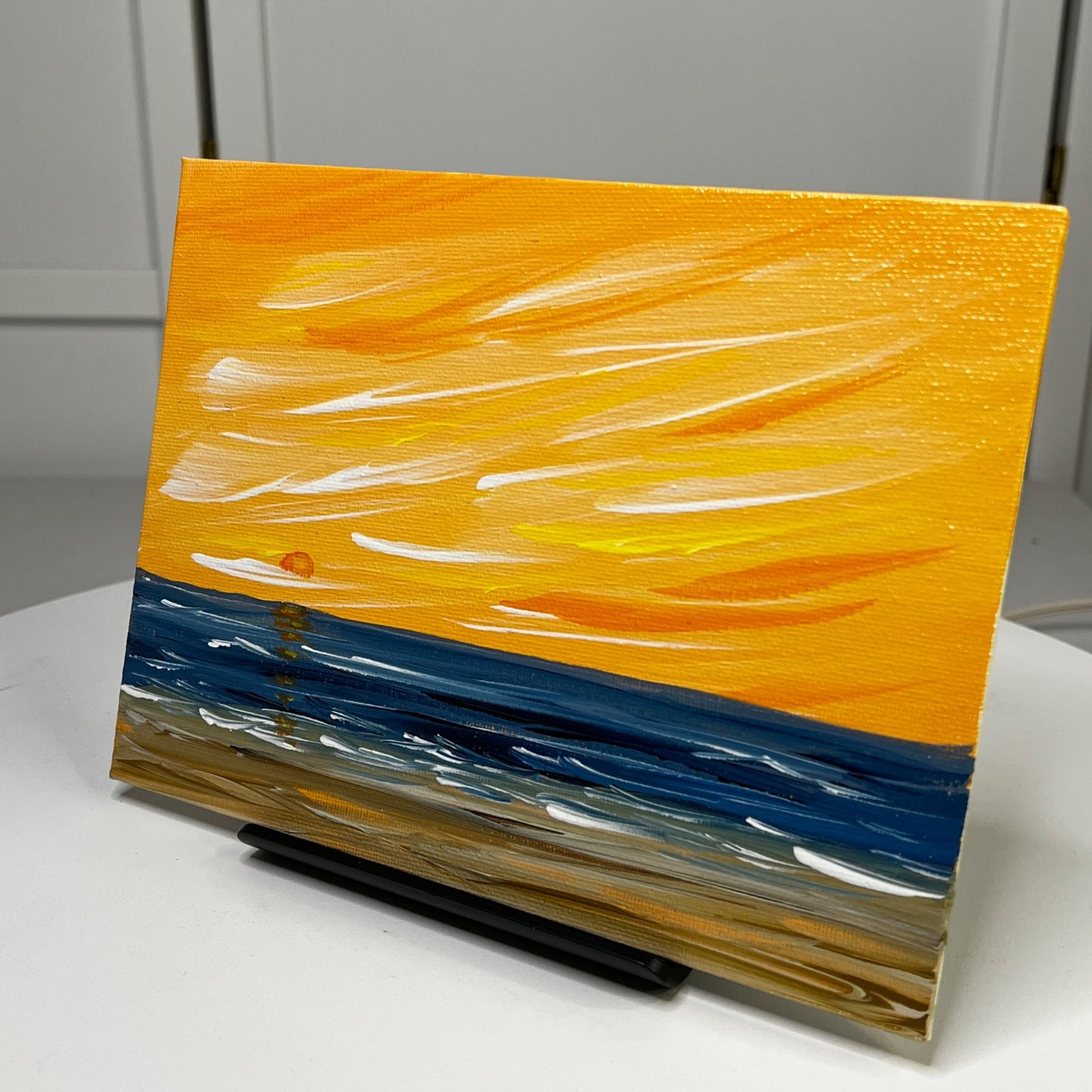 Sun Setting Over The Sea Acrylic Seascape Painting 6" x 8" Unframed - Signed