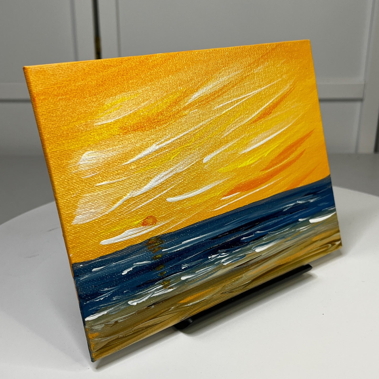 Sun Setting Over The Sea Acrylic Seascape Painting 6" x 8" Unframed - Signed