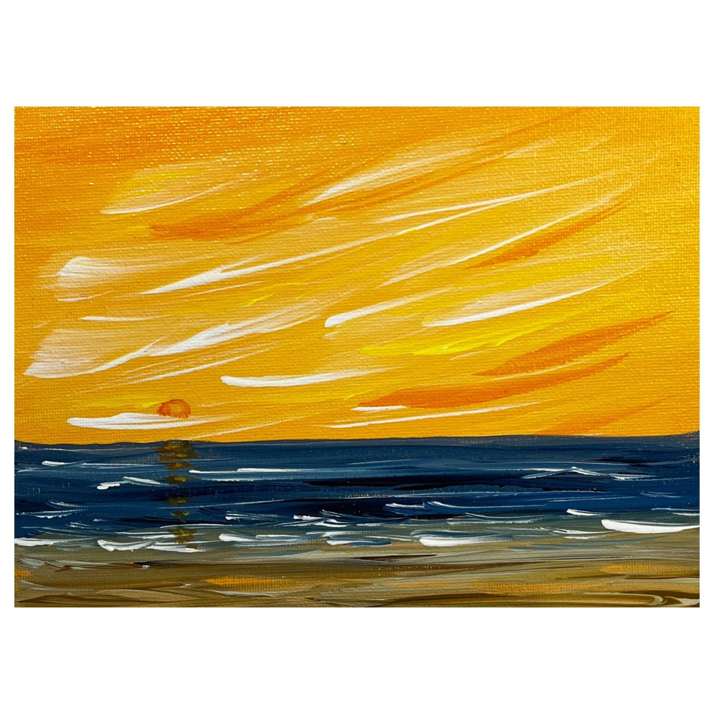 Sun Setting Over The Sea Acrylic Seascape Painting 6" x 8" Unframed - Signed