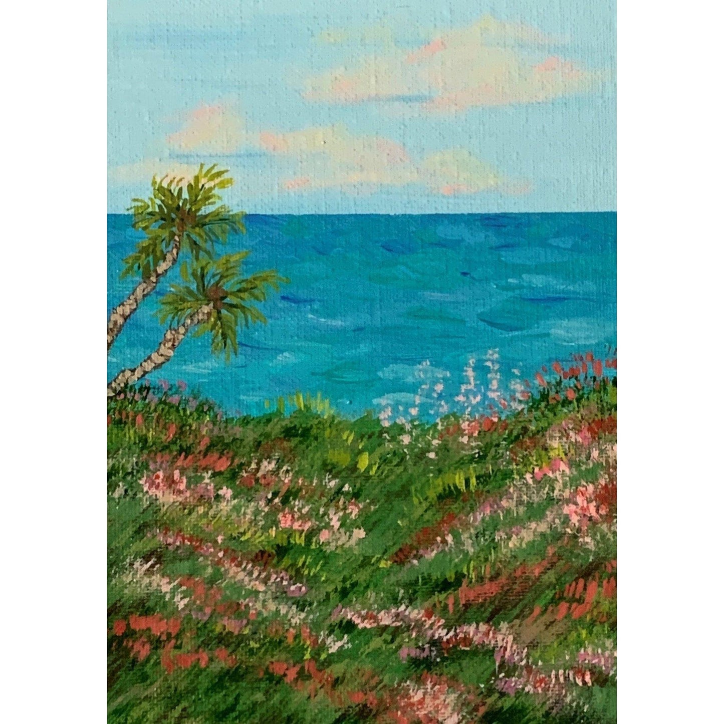 Pink Tropical Paradise Original Acrylic Painting, 5 x 7, Artist Signed