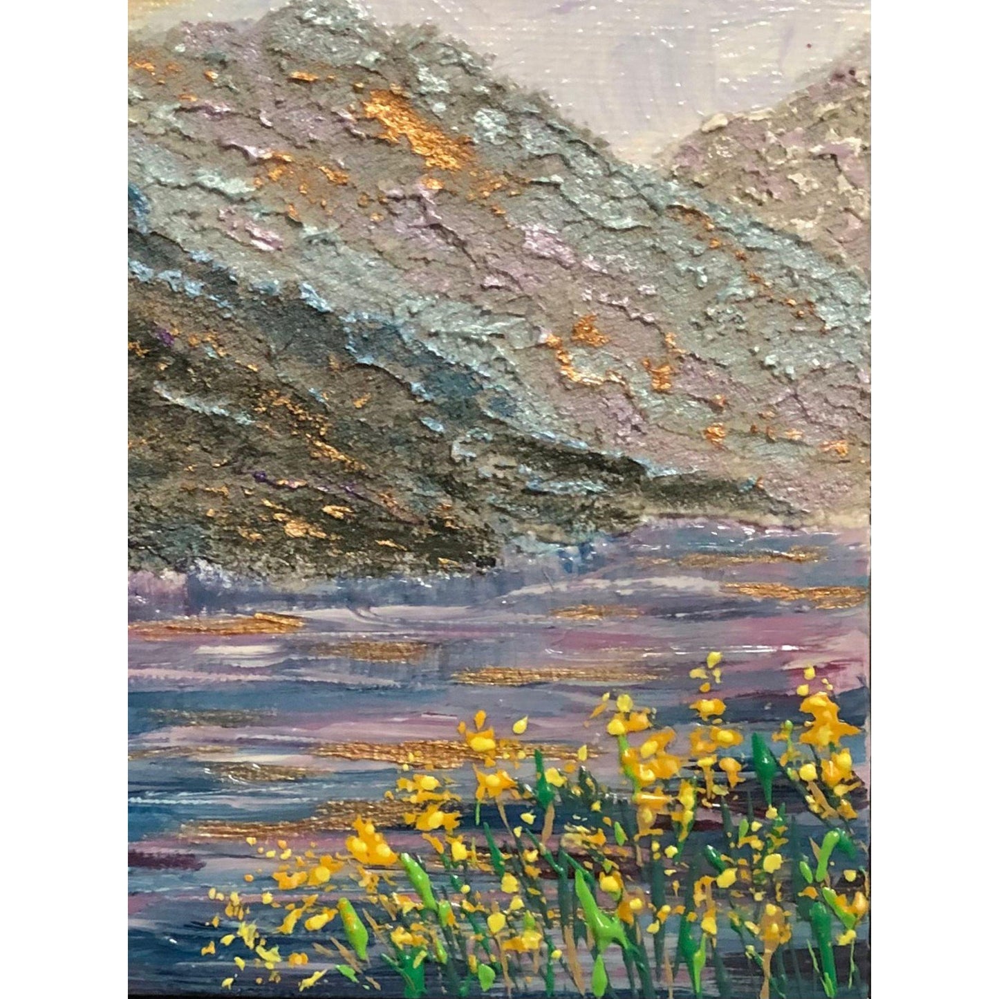 Mountain Majesty 6" x 6" Acrylic Painting, Sunrise, Lake and Wildflowers