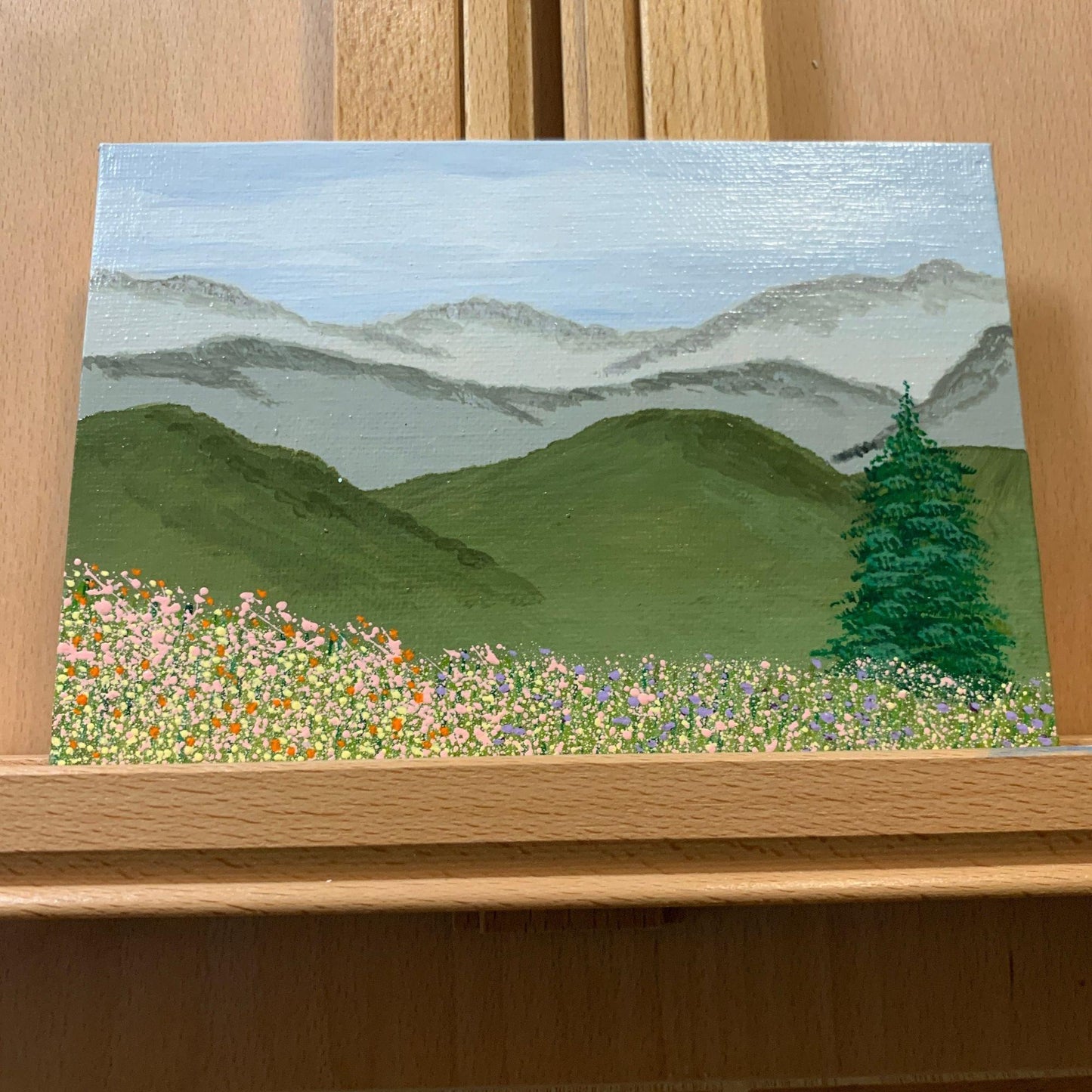 Mountains and Wildflowers Original Acrylic Painting, 5" x 7" - Signed