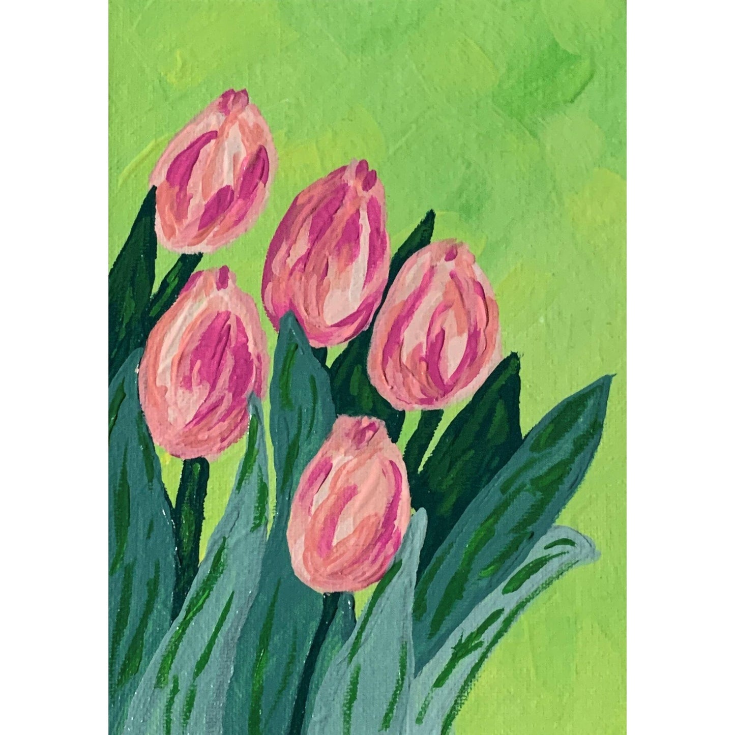 Pink Shades of Tulips, Original Acrylic Painting, 5 x 7, Unframed, Artist Signed