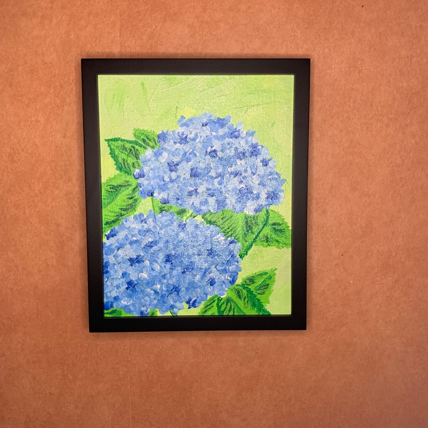 Hydrangea Blues Framed 8 x 10 Original Acrylic Floral Painting, Artist Signed
