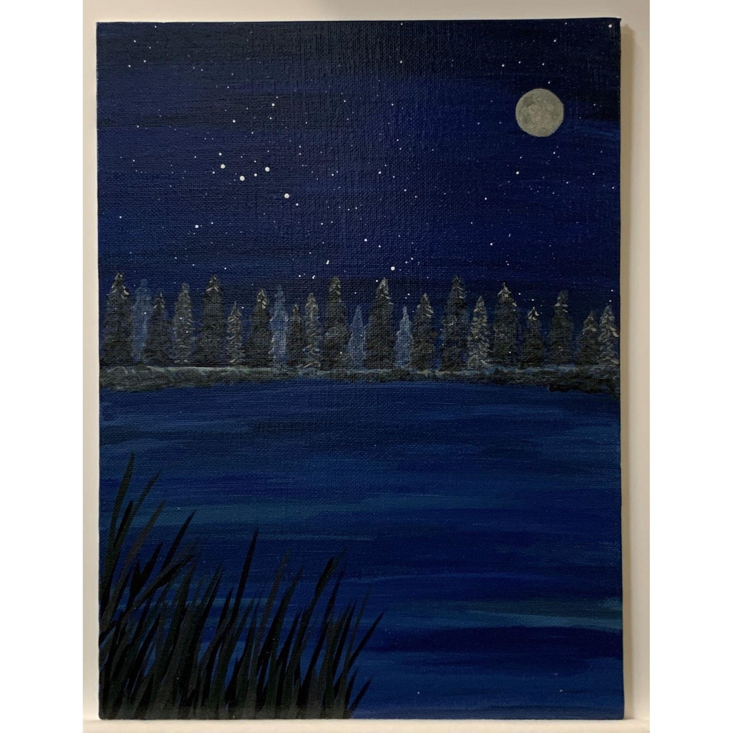 Night Vision on the Lake, Landscape Art, Original Painting, 9 x 12