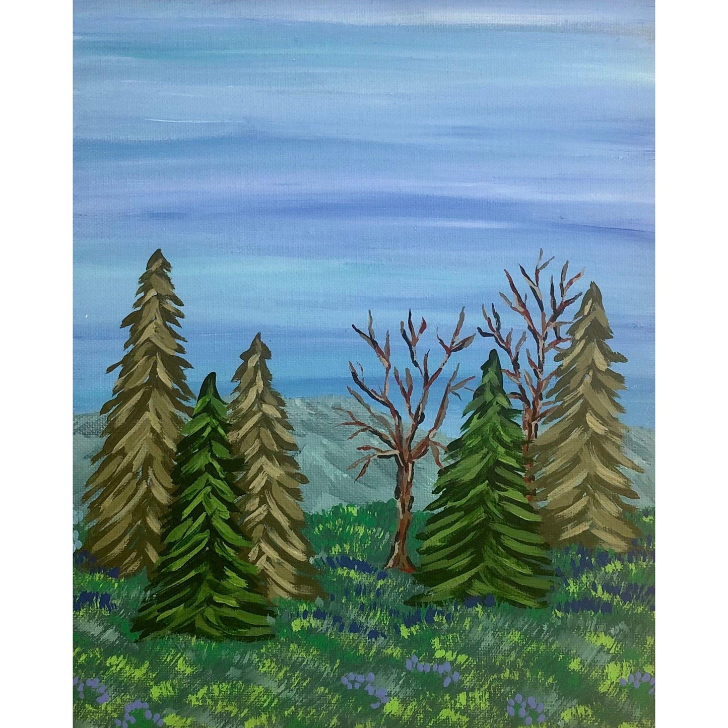 Treescape 8 x 10 Acrylic Painting, Hills, Trees, Wildflowers and Grass, Signed