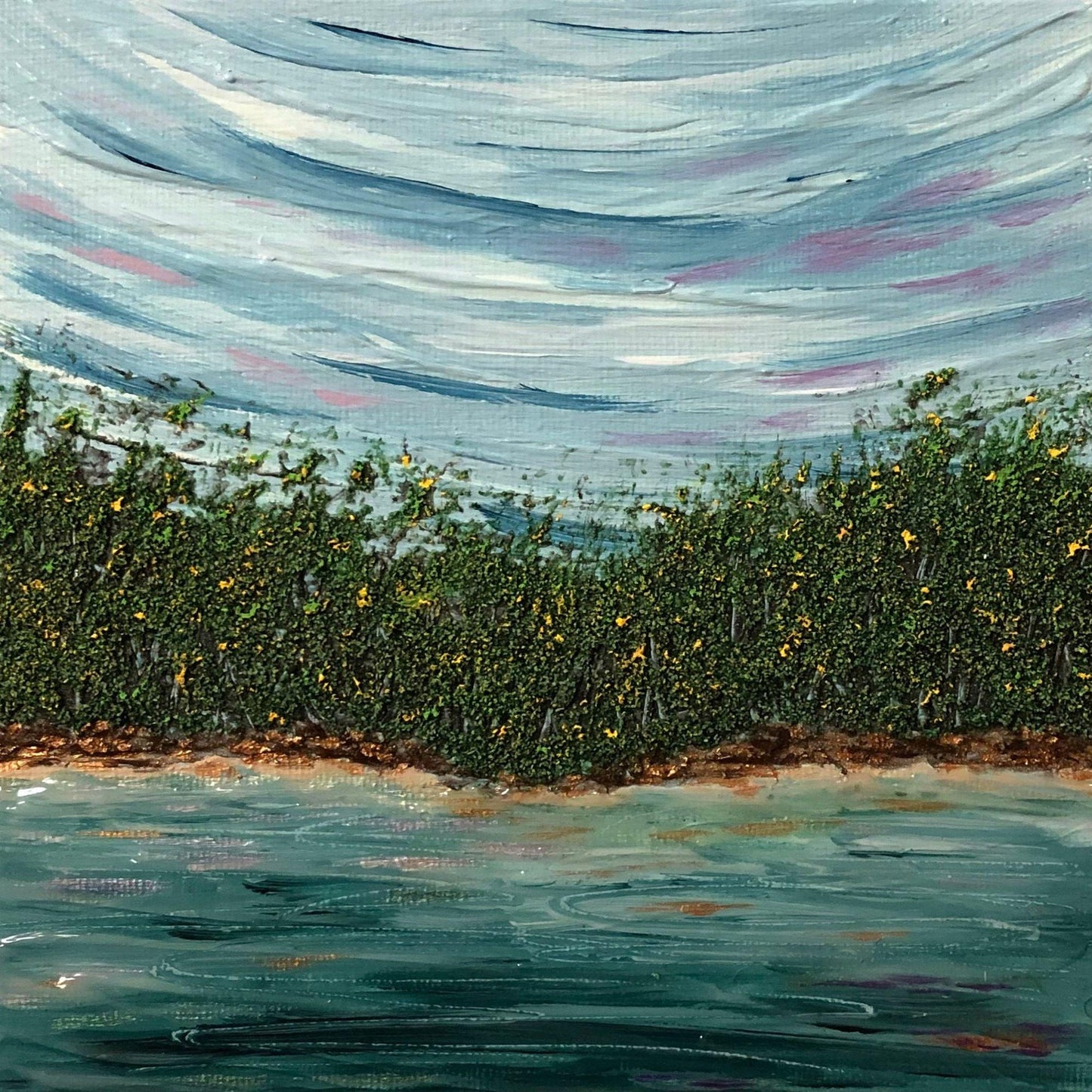 Still Water Acrylic Painting, 6 x 6, Trees and a Serene Lake