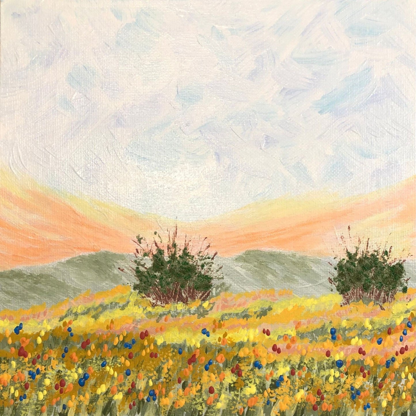 Daylight 8 x 8 Acrylic Painting, Landscape, Trees, Hills, Sunrise, Wildflowers, Signed Art, Artisan Hand Painted Artwork