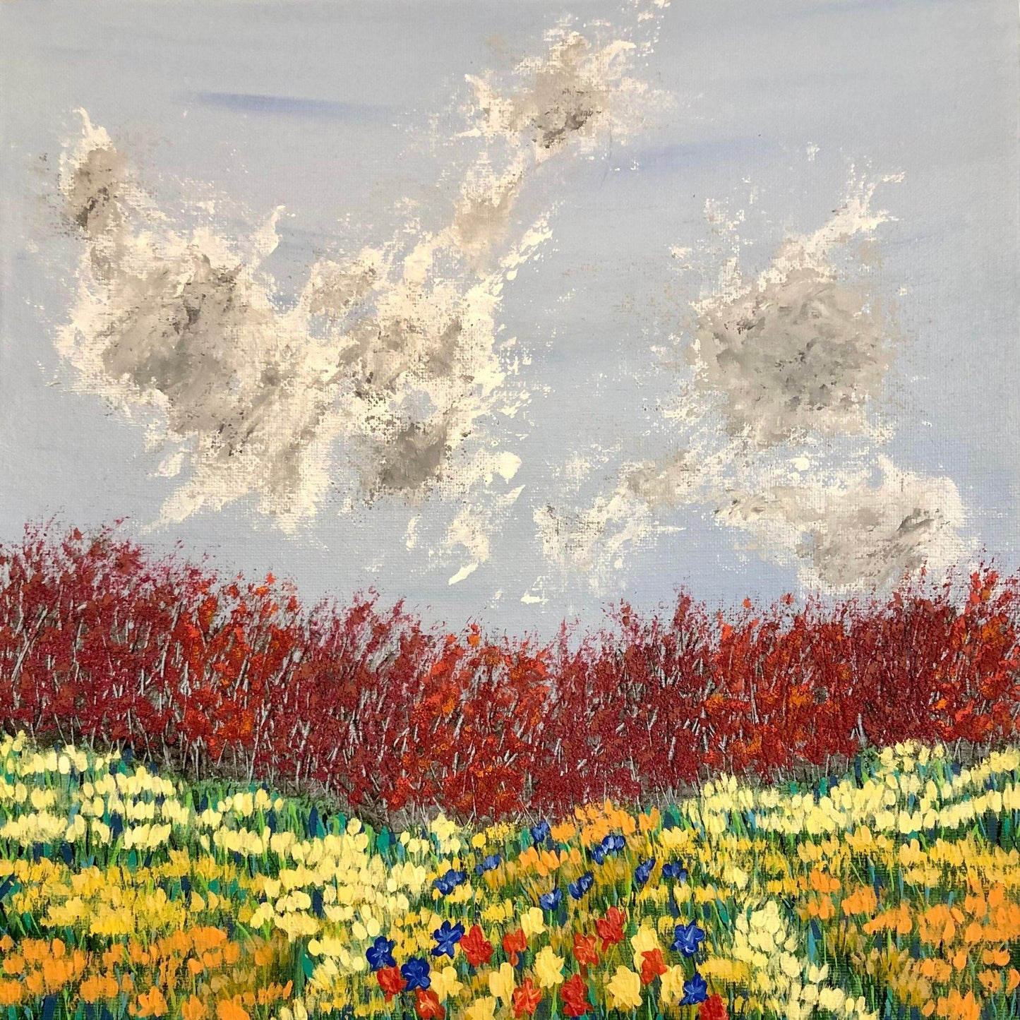 Fall Fiesta 12 x 12 Acrylic Painting, Autumn Colored Trees and Clouds, Signed