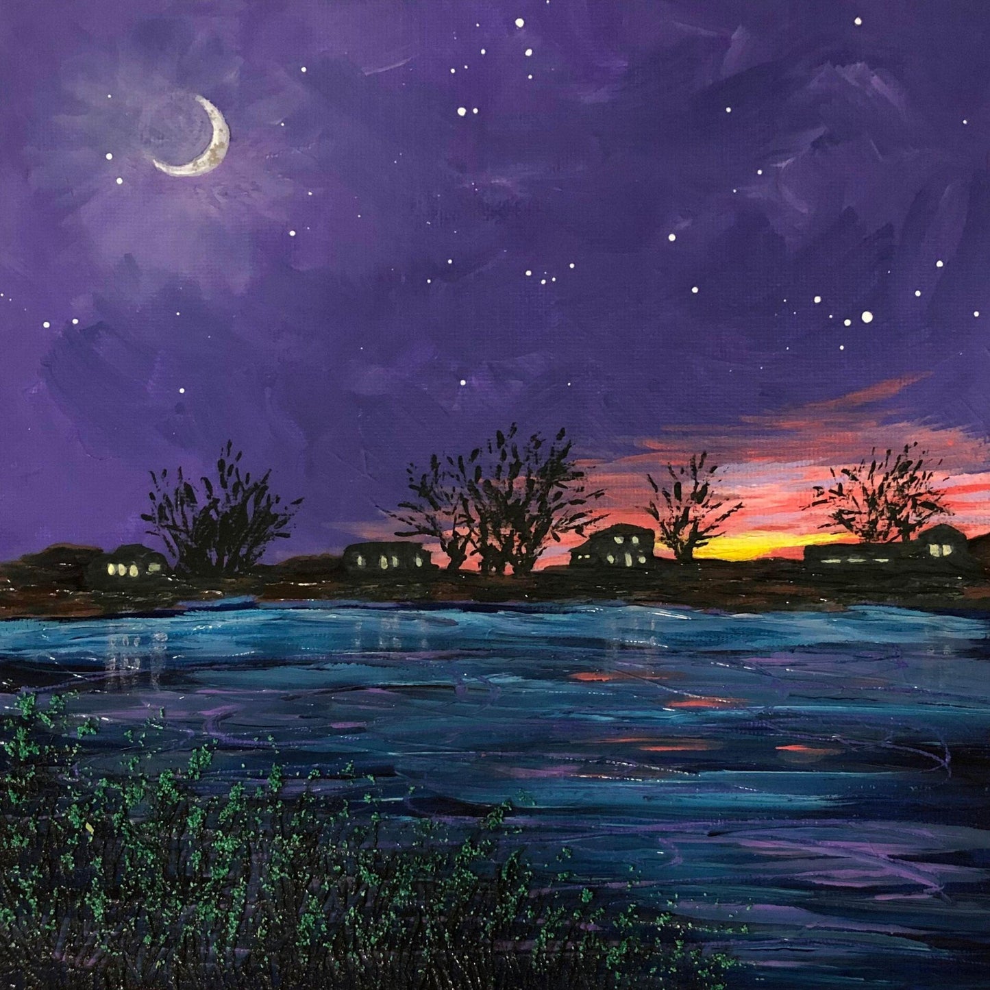 Sunset Crescent Moon 8 x 8 Acrylic Painting, Ocean, Stars and Moon