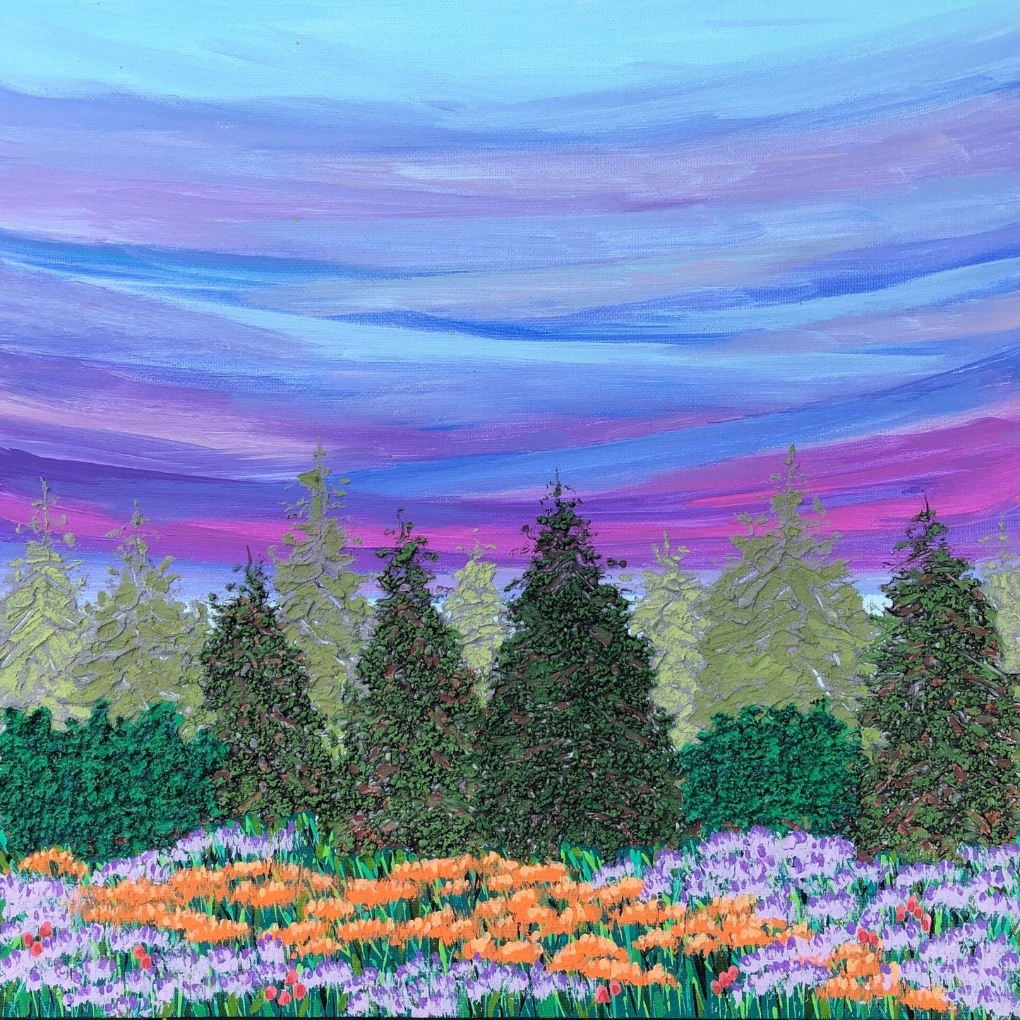 Twilight Evergreens, Original Painting, Acrylic, Signed, 12 x 12, Unique Art