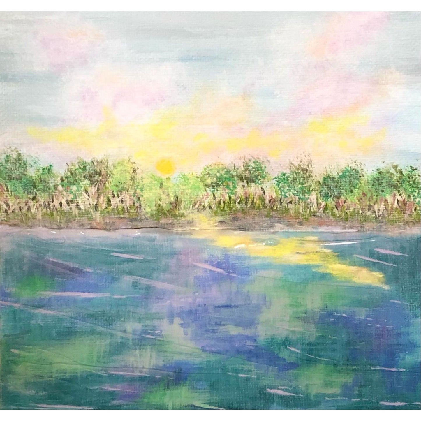 Lake View Original Acrylic Painting, Signed, 6 x 6, Unique Art