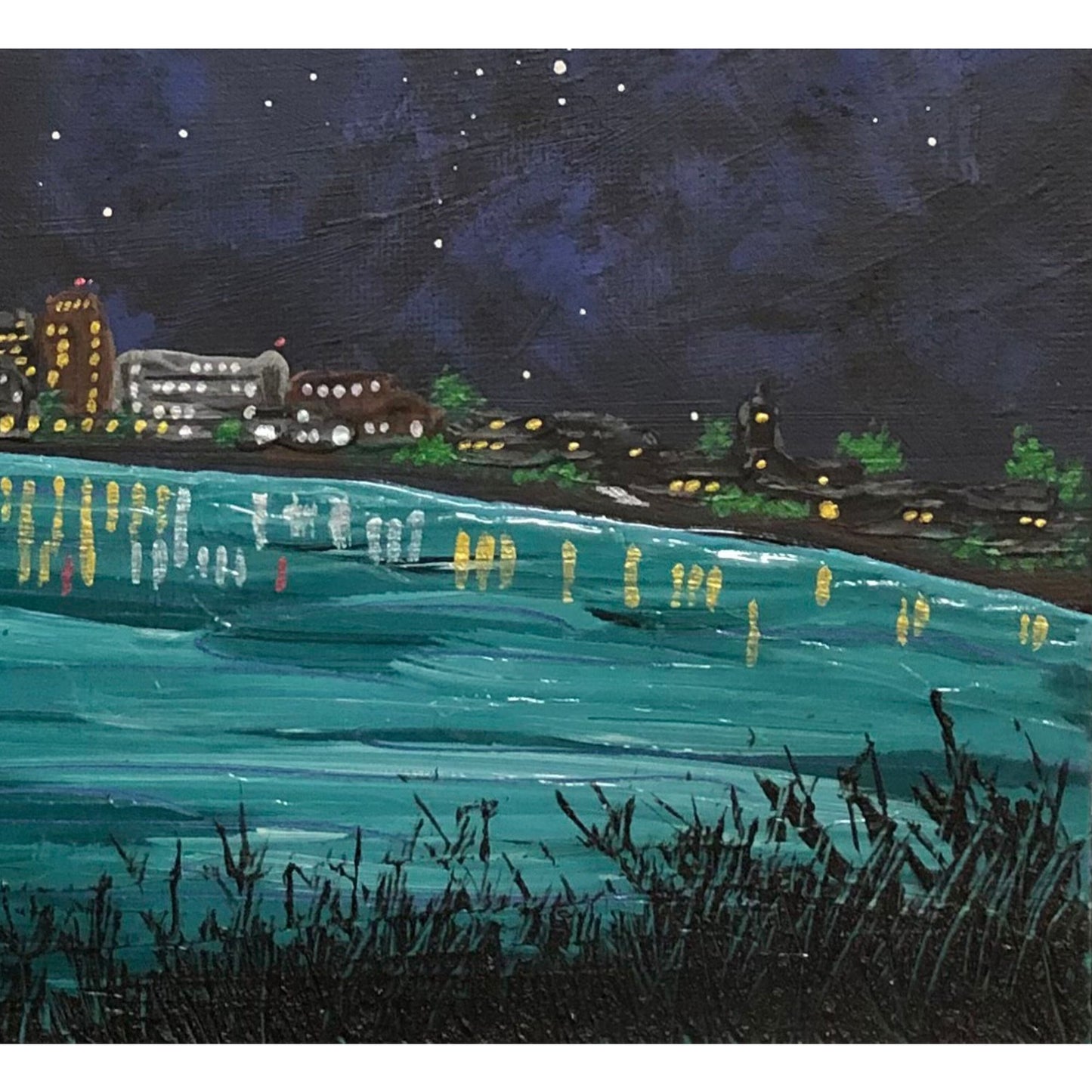 City Nights, 8" x 10" Landscape Acrylic Original Painting, Signed, Unique Art