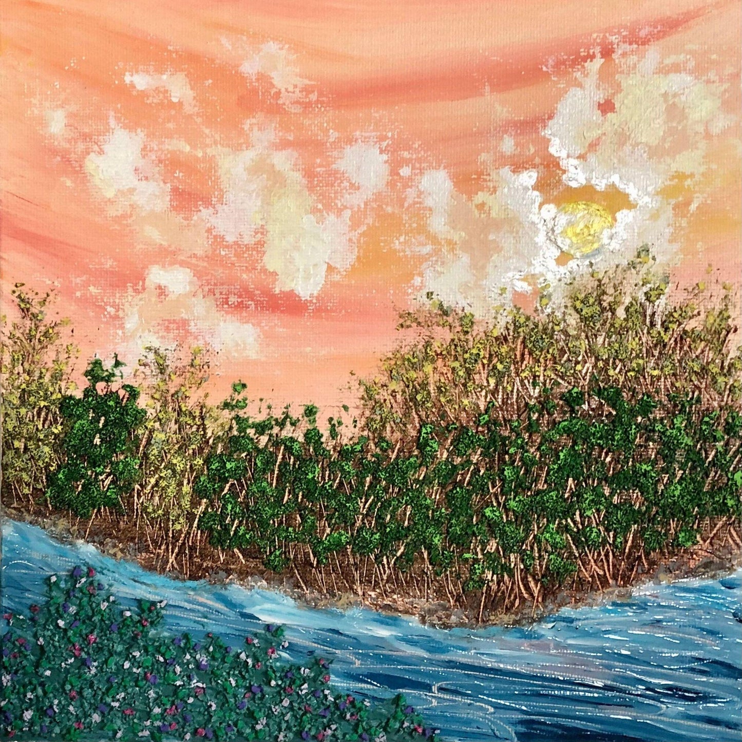 Sunset Stream 8 x 8 Acrylic Painting, Sunset, Trees, Stream and Wildflowers