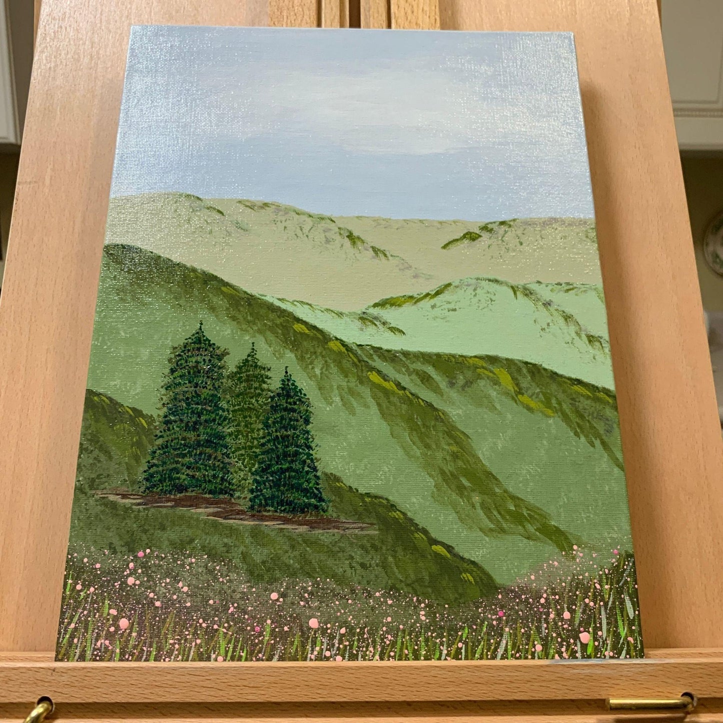 Mountains Trees and Wildflowers Original Artwork, Acrylic Painting, Beautiful Colors, Artist Signed, 9 x 12, Unframed