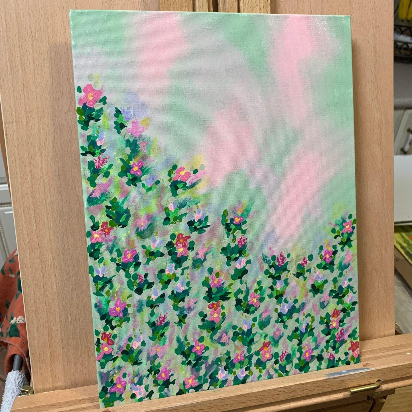 Magenta and Pink Wildflowers Painting, Original Artwork, Acrylic, Abstract Design, 9 x 12, Unframed