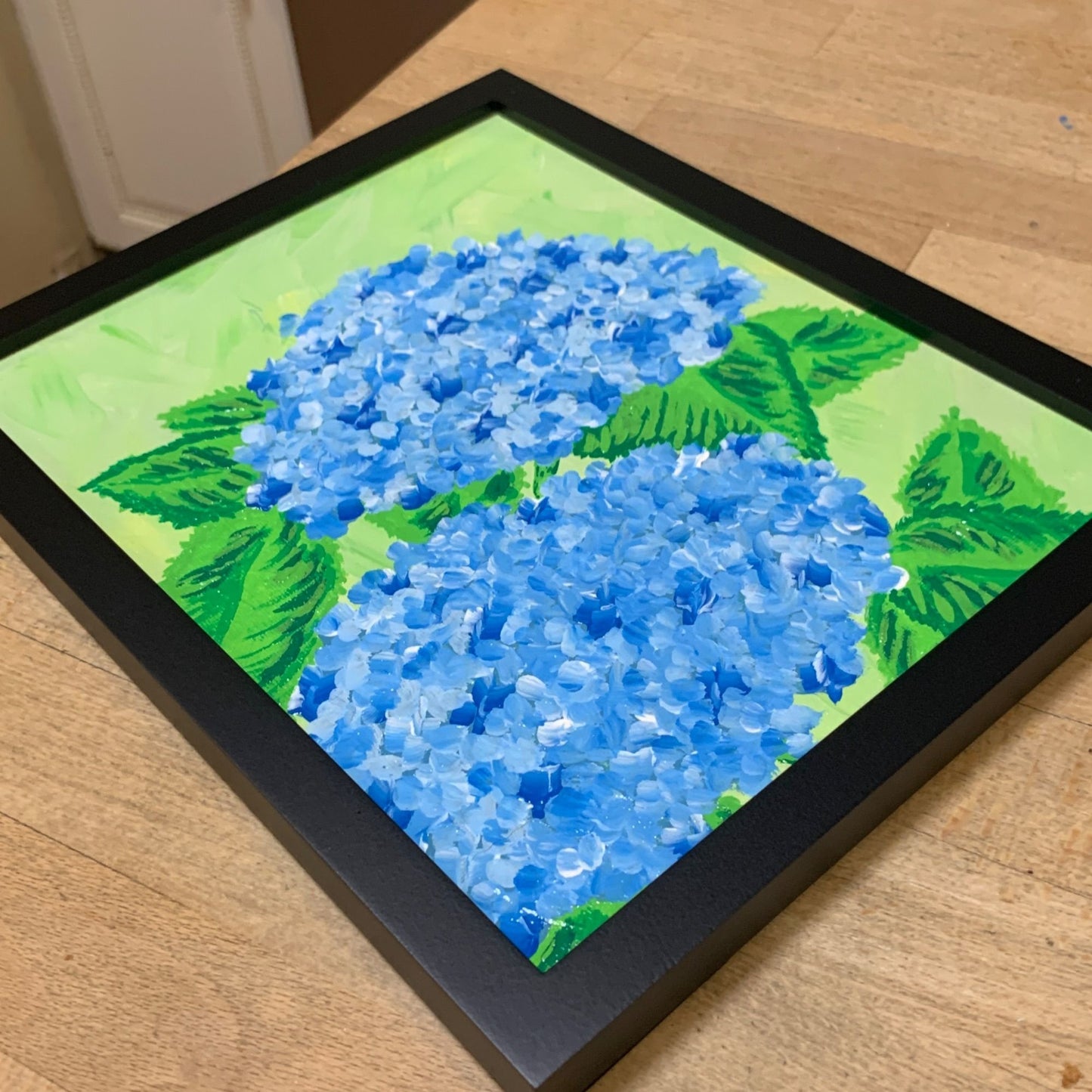 Hydrangea Blues Framed 8 x 10 Original Acrylic Floral Painting, Artist Signed
