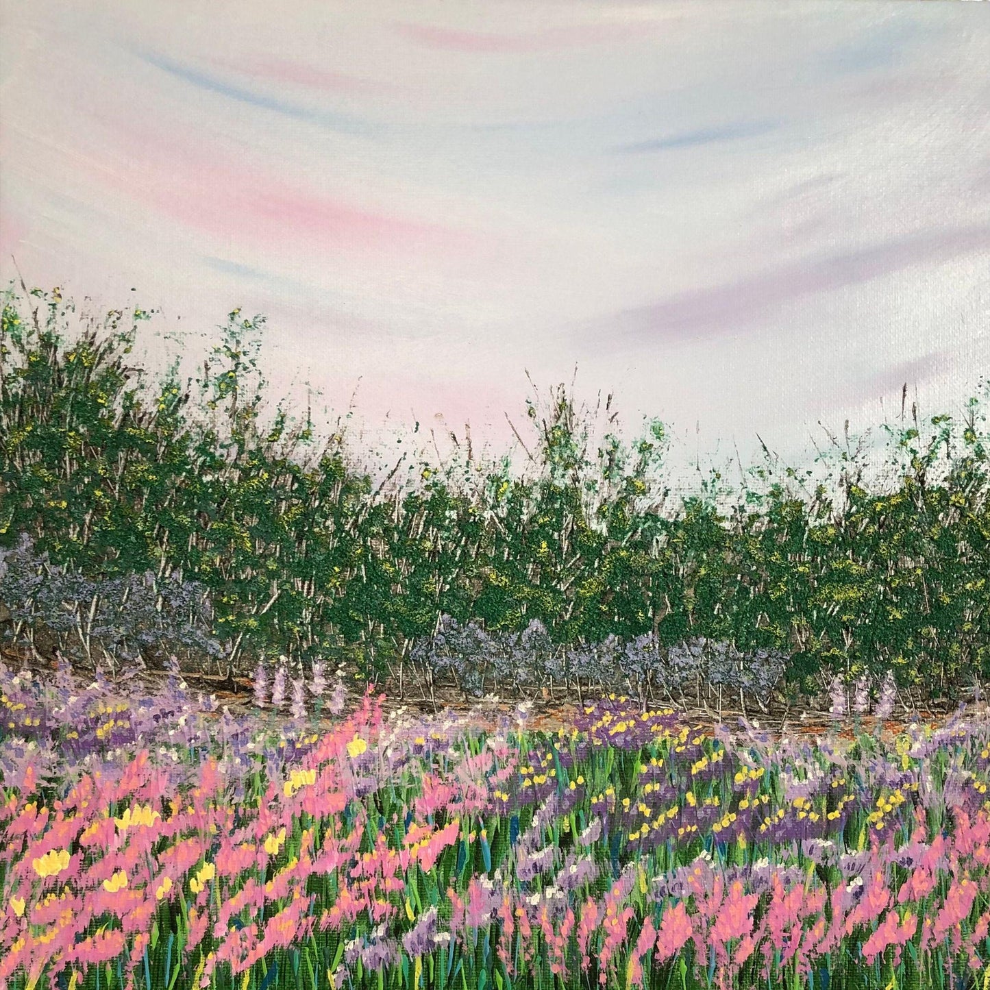 Springtime 12 x 12 Acrylic Painting, Colorful Sky, Trees and Wildflowers, Signed Art