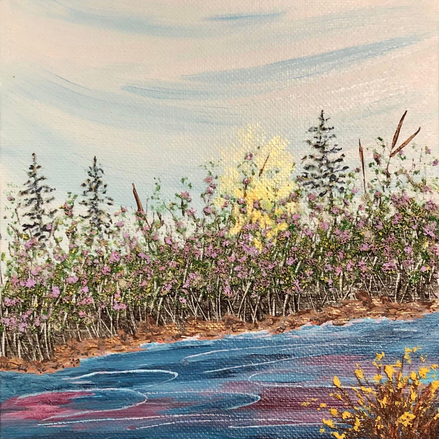Peace and Quiet 6 x 6 Acrylic Painting, Landscape, Trees, Lake, Wildflowers, Signed Art