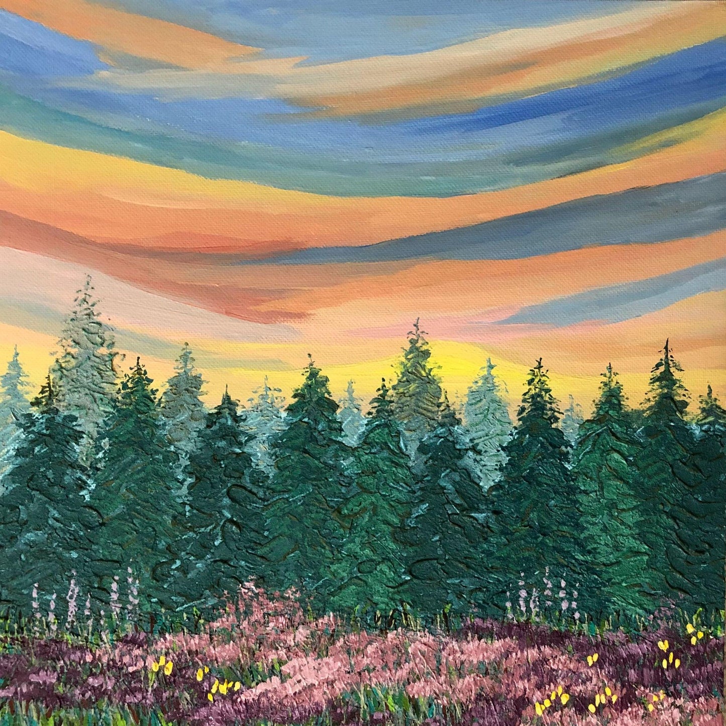 Sunrise in the Pine Grove, Original Painting, Acrylic, Signed, 12 x 12, Unique Art