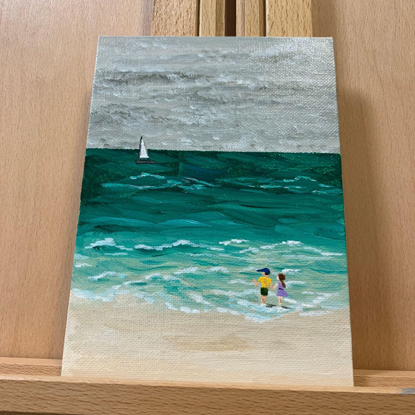 Couple Walking by the Ocean Acrylic Painting By Deb Bossert Artworks - 5 x 7