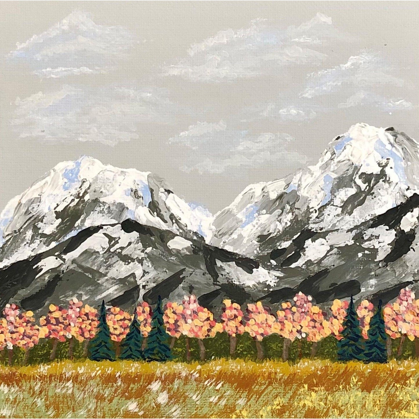 Fall Field Mountain Winter 6 x 6 Acrylic Painting, Artist Signed