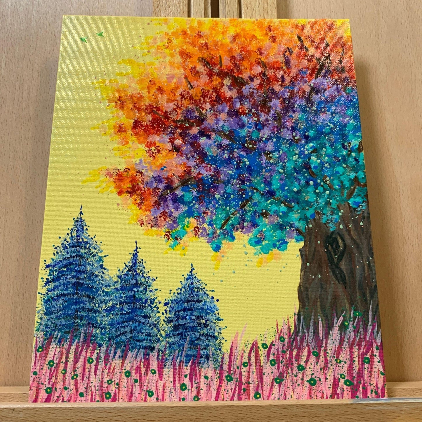 Trees in a Field of Flowers II Original Acrylic Painting, Sharp Colors, 8 x 10, Unframed