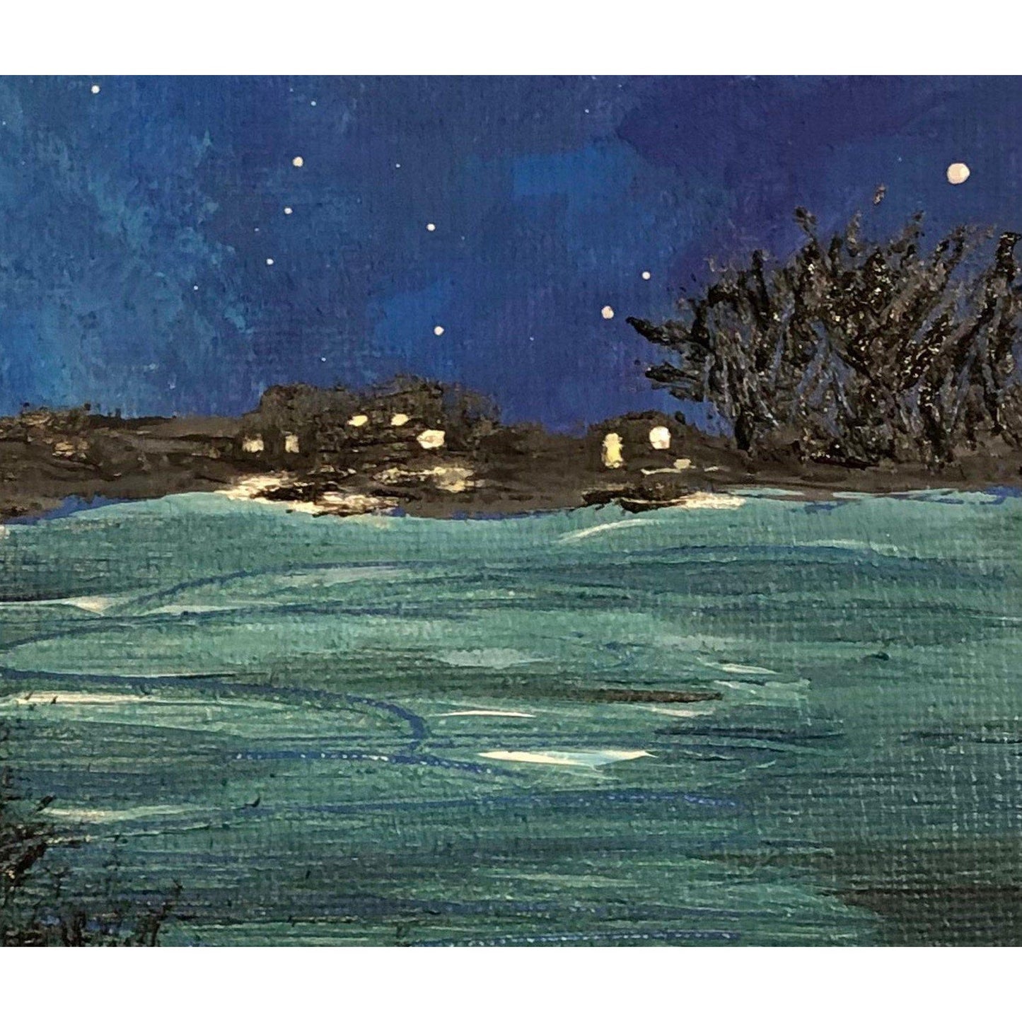 Super Moon 6" x 6" Acrylic Painting, Full Super Moon and Stars, Signed