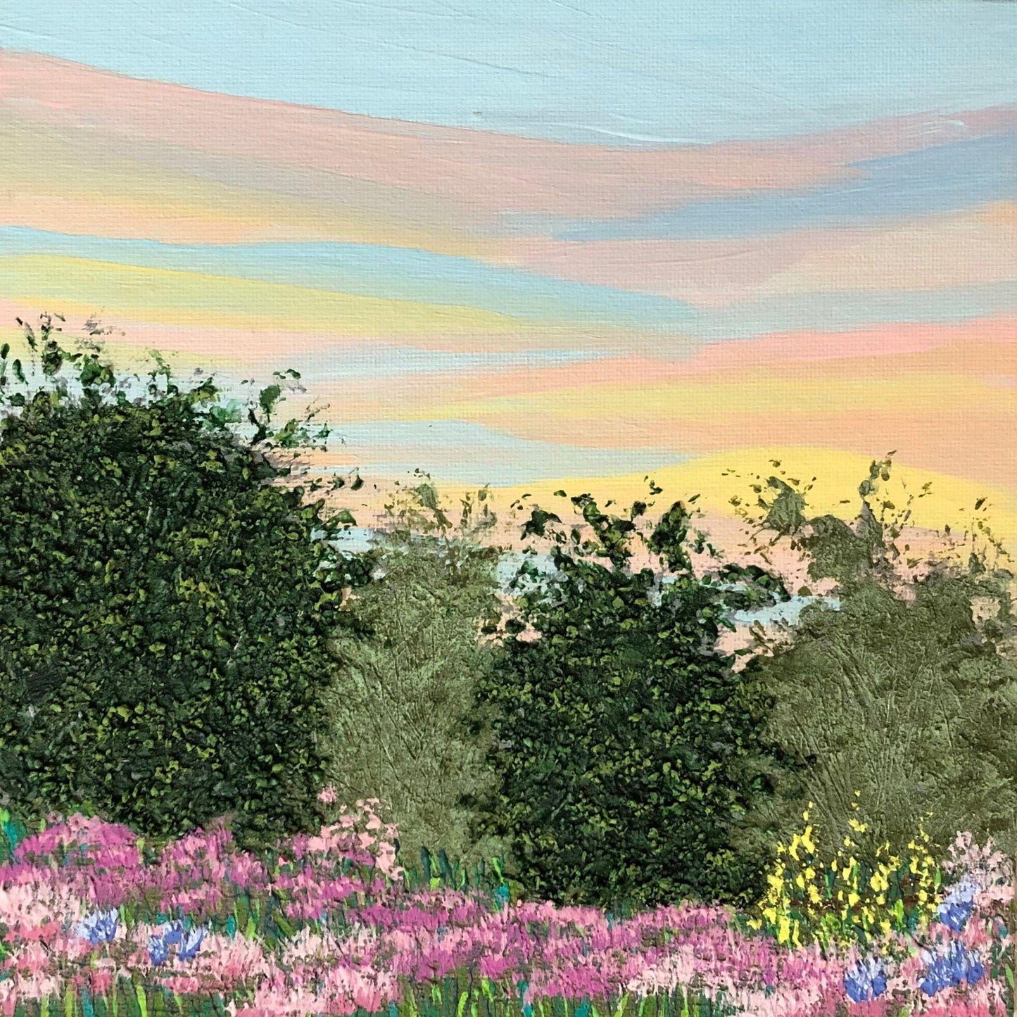 Morning Meadow Acrylic Painting, Colorful Sky At Sunrise Landscape, 8 x 8