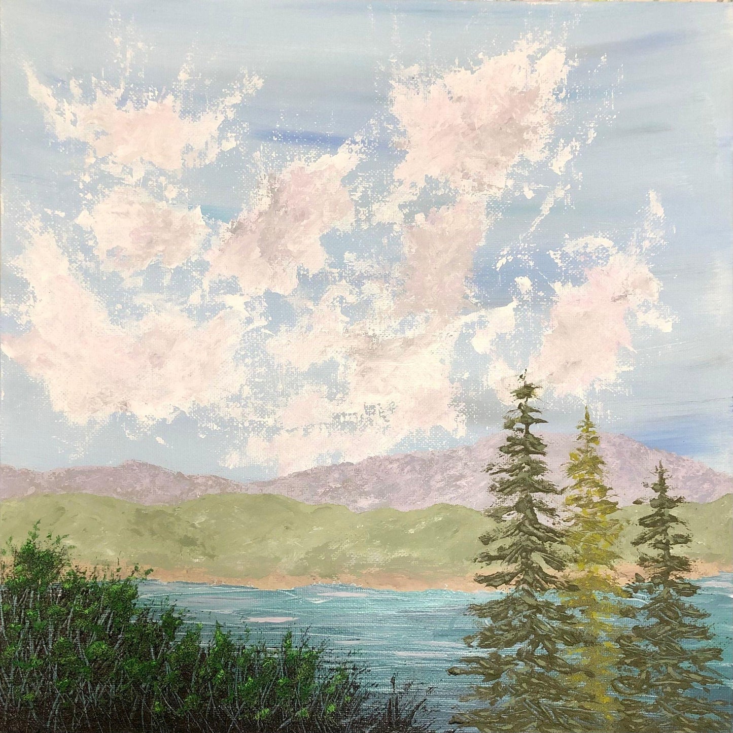 Serenity 12 x 12 Acrylic Painting, Peaceful Landscape Scene Signed Art