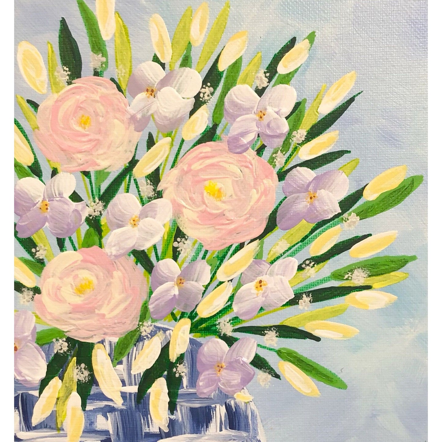 Bouquet in Blue and White Vase, 8" x 8" Floral Acrylic Original Painting