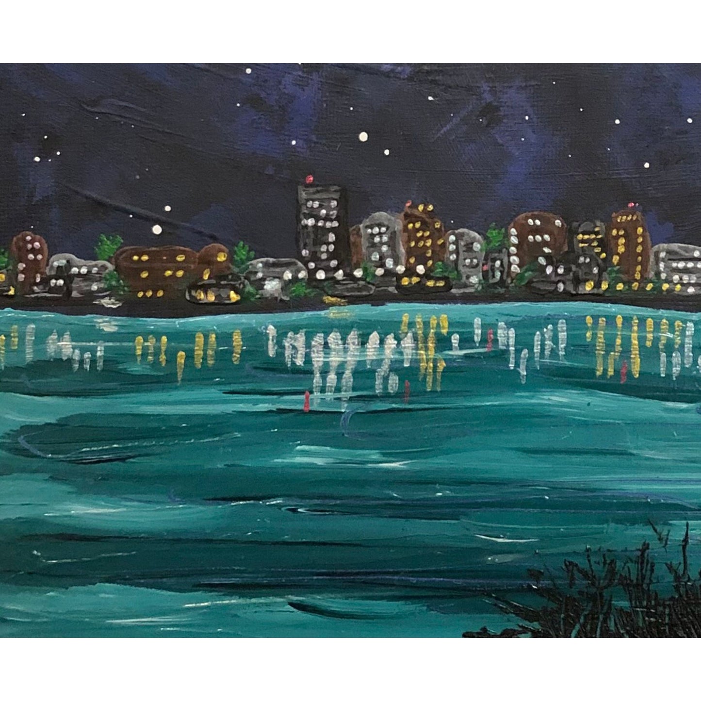 City Nights, 8" x 10" Landscape Acrylic Original Painting, Signed, Unique Art