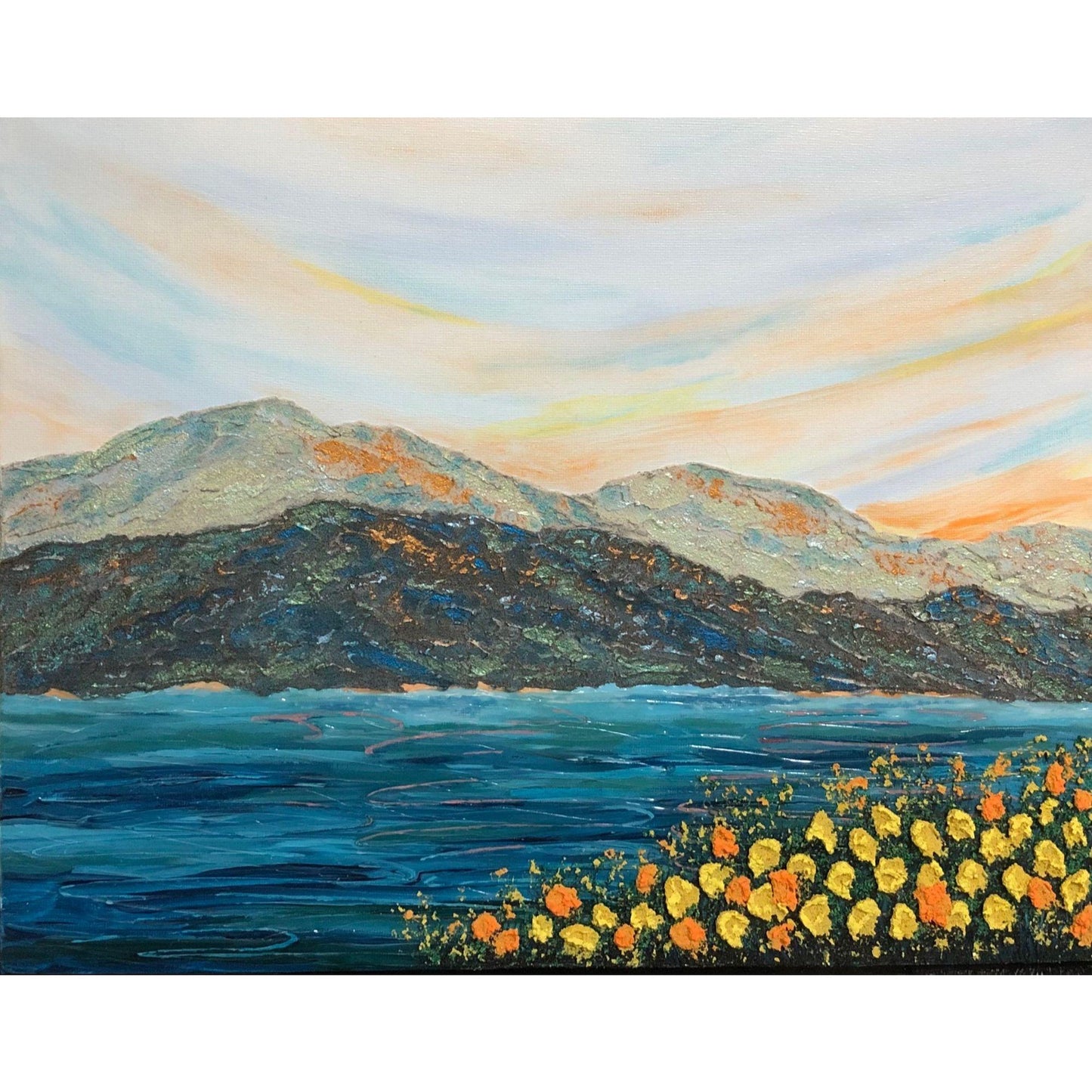 The Colors of Sunset 11 x 14 Acrylic Painting, Mountains, Lake, Wildflowers, Signed