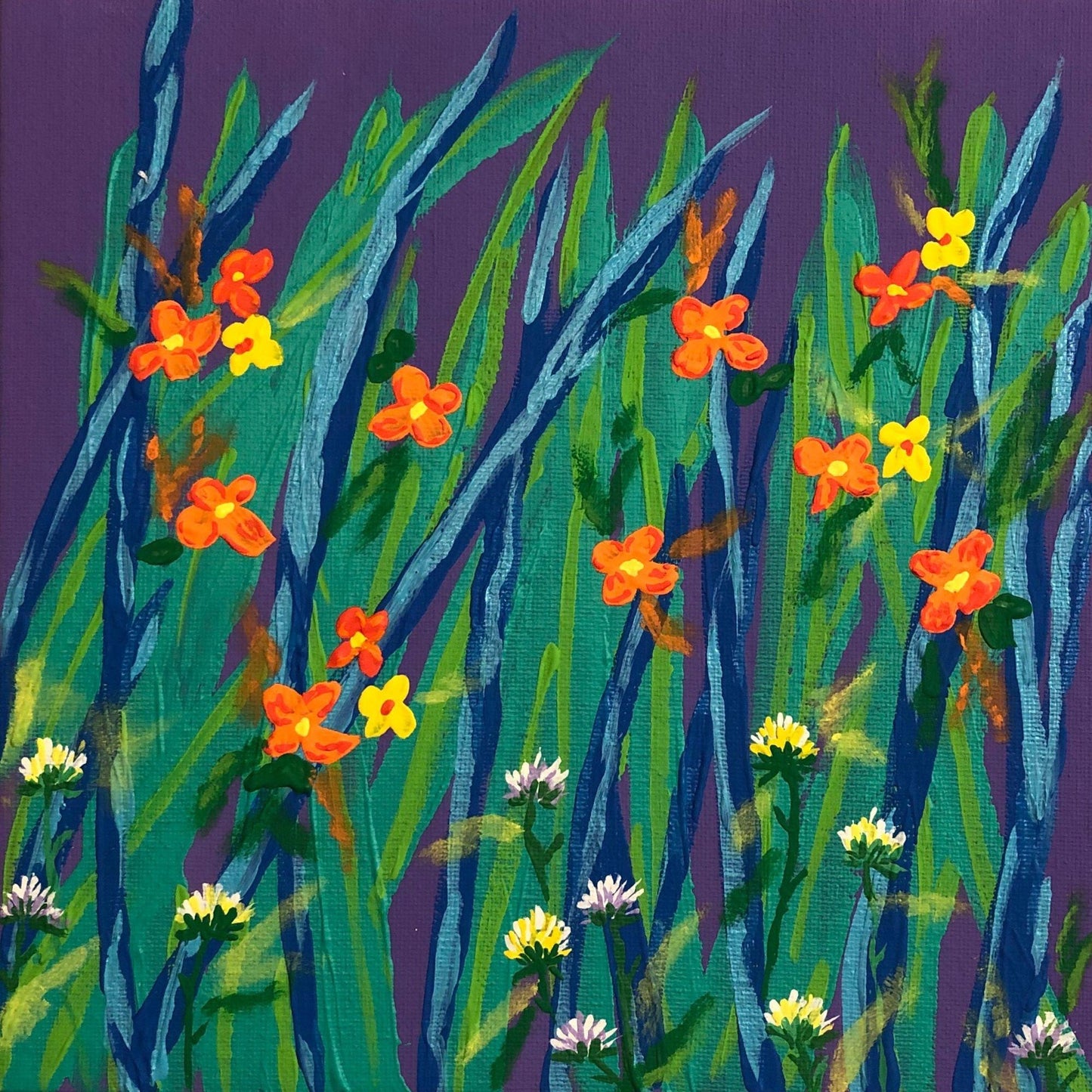 Fluorescent Flowers 8 x 8 Floral Acrylic Painting Wildflowers on Purple Background