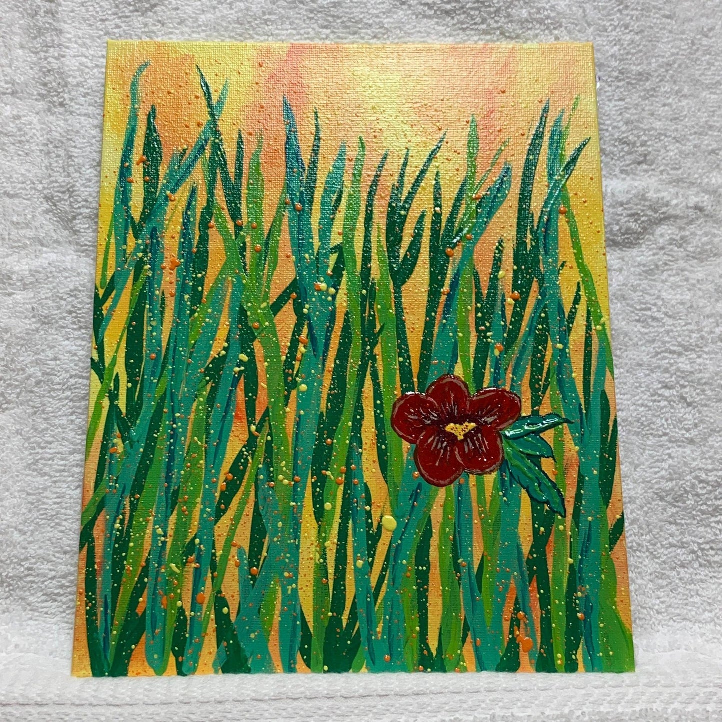 Flowers Reaching to the Sky In Springtime, Floral Art, Original Painting, Color Sprinkles, Beautiful Yellow Red Background, Acrylic, 8 x 10