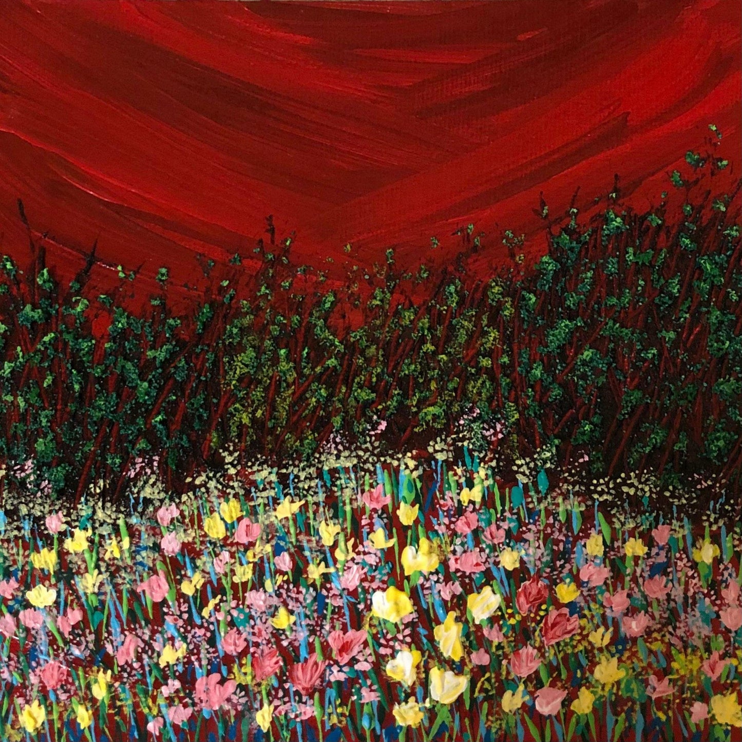 Red Sky at Night 6 x 6 Acrylic Painting, Landscape, Trees, Wildflowers, Signed Art