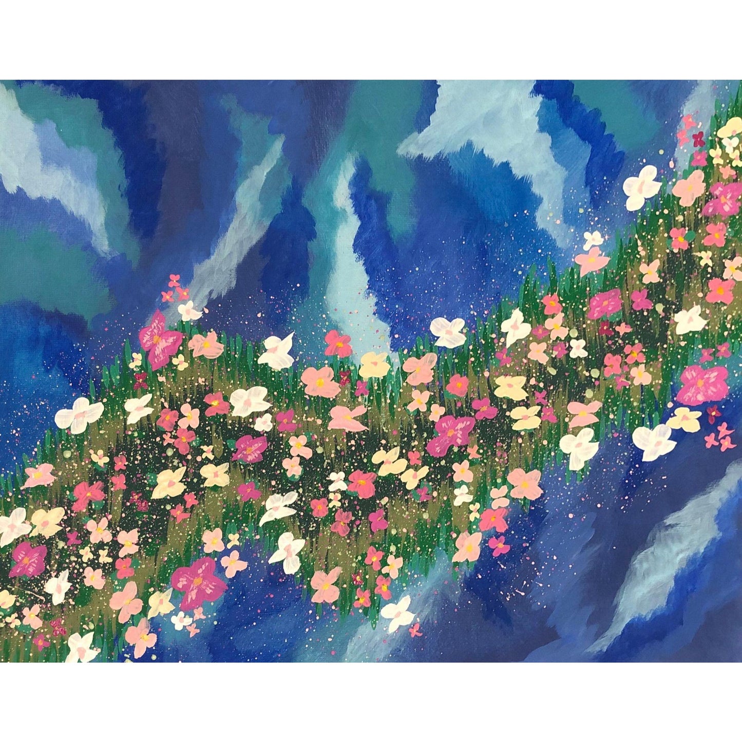 Shades of Pinks on Blues 11 x 14 Floral Acrylic Painting, Pink Wildflowers, Signed