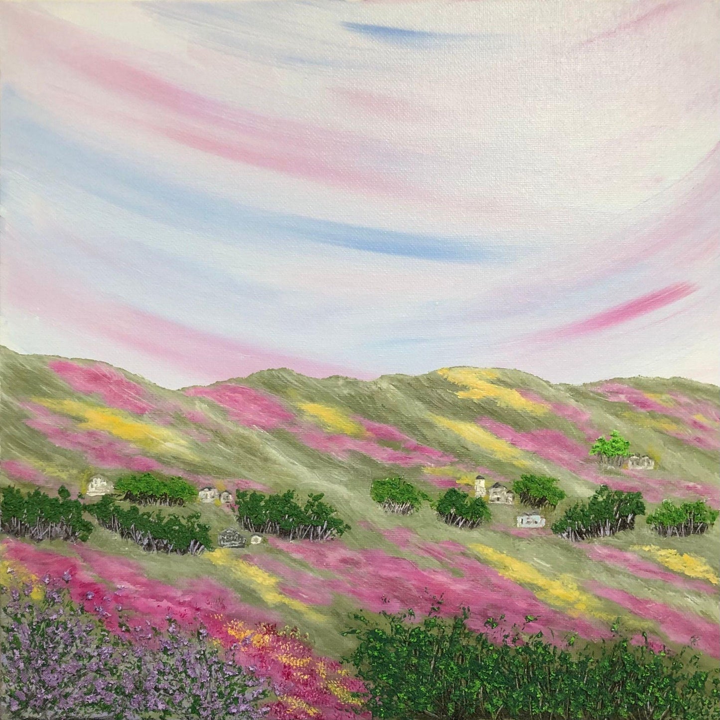 Among the Flower Fields 12 x 12 Acrylic Painting, Landscape, Hills, Wildflowers, Signed
