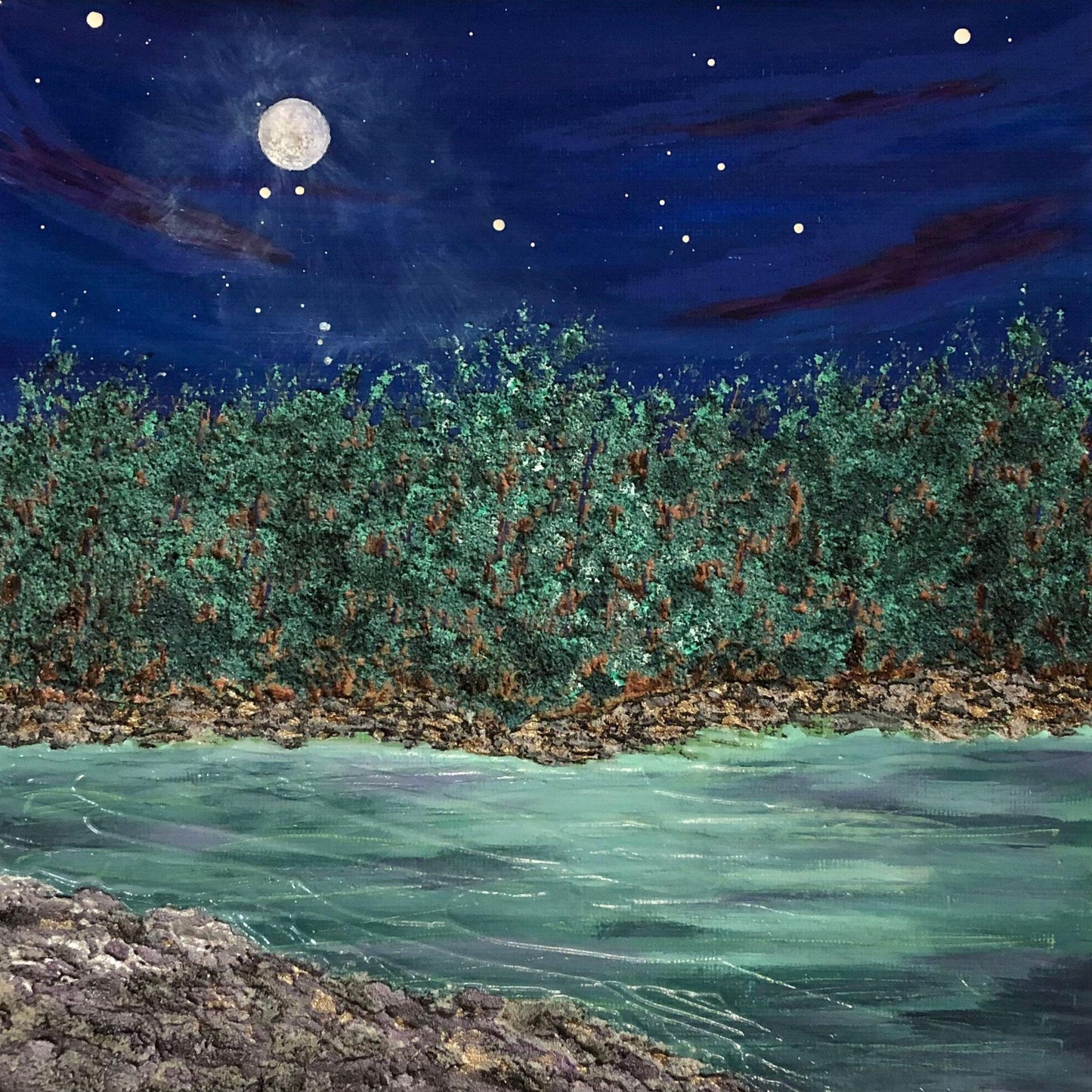 Moonlit Acrylic Painting, Moon at Night Over Water With Stars, 8 x 8, Hand Painted Artwork
